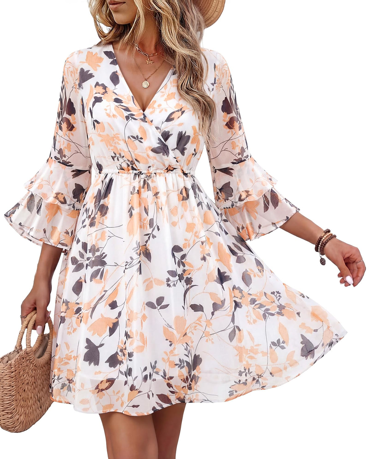 Bebonnie Womens 3/4 Ruffle Sleeve Spring Summer Casual V Neck Flowy Chiffon Layers Dresses