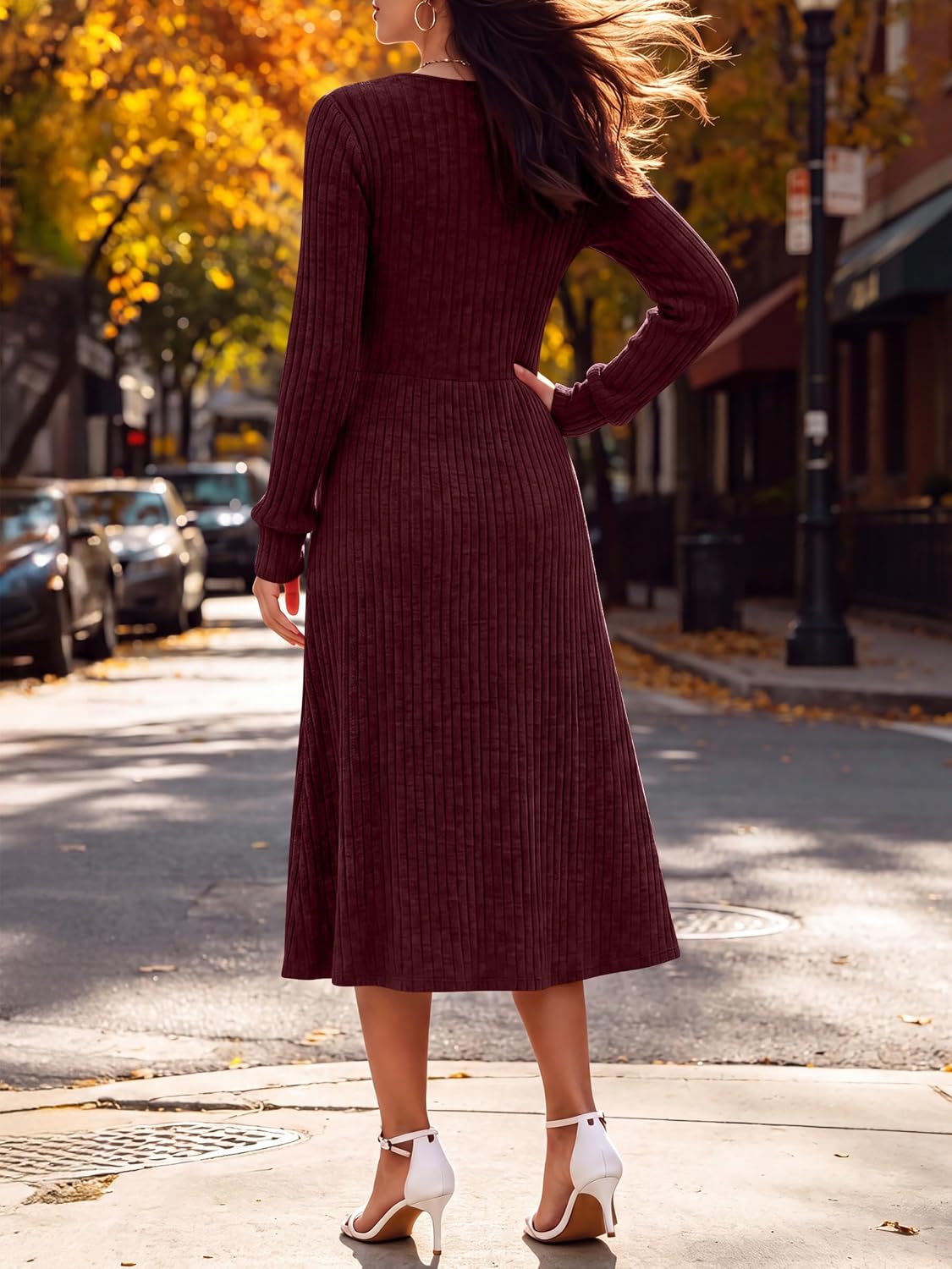 ANRABESS Womens Long Sleeve V Neck A Line Fall Midi Dress