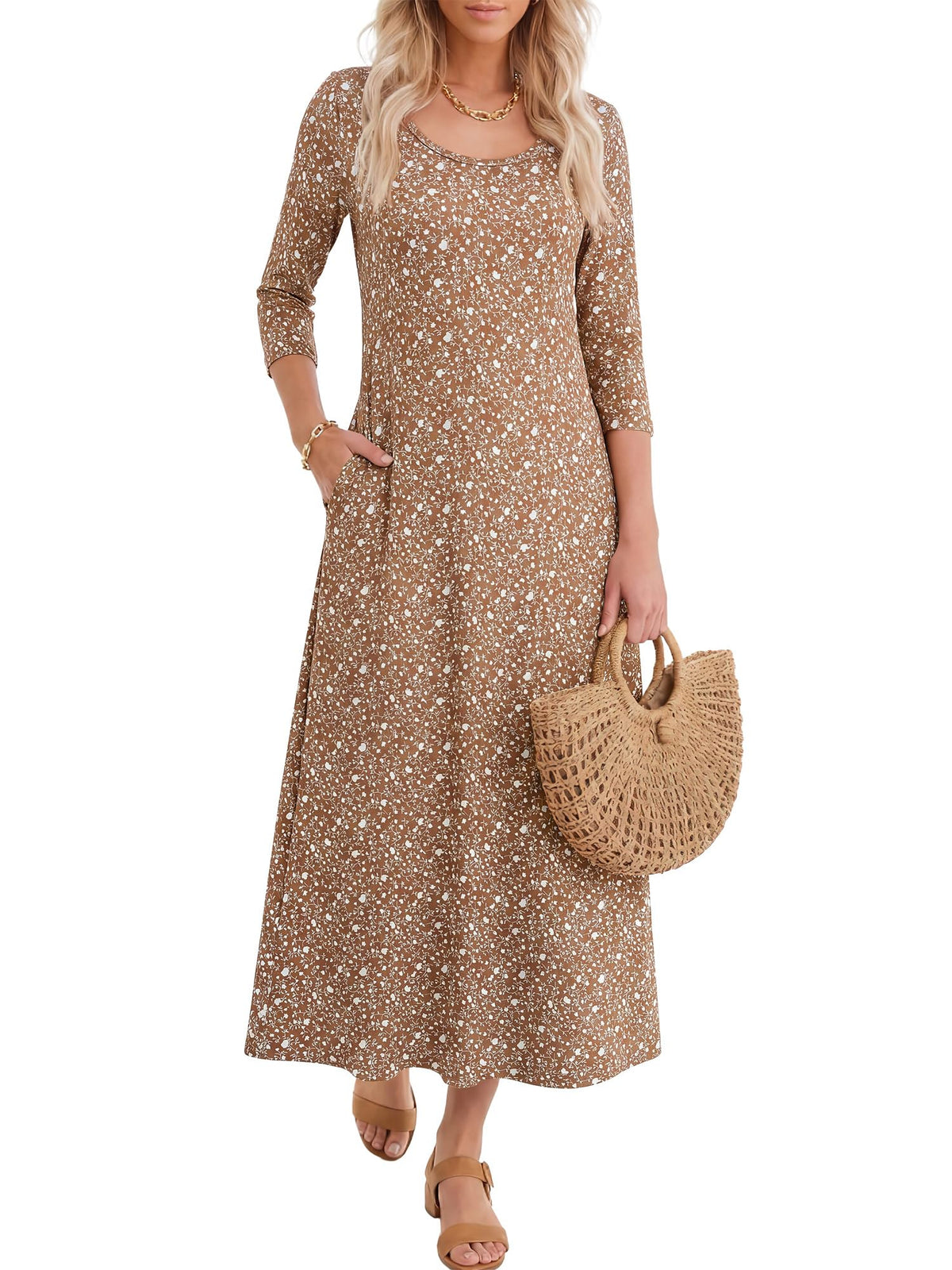 ANRABESS Womens 3/4 Sleeve Scoop Neck Casual Maxi Dress