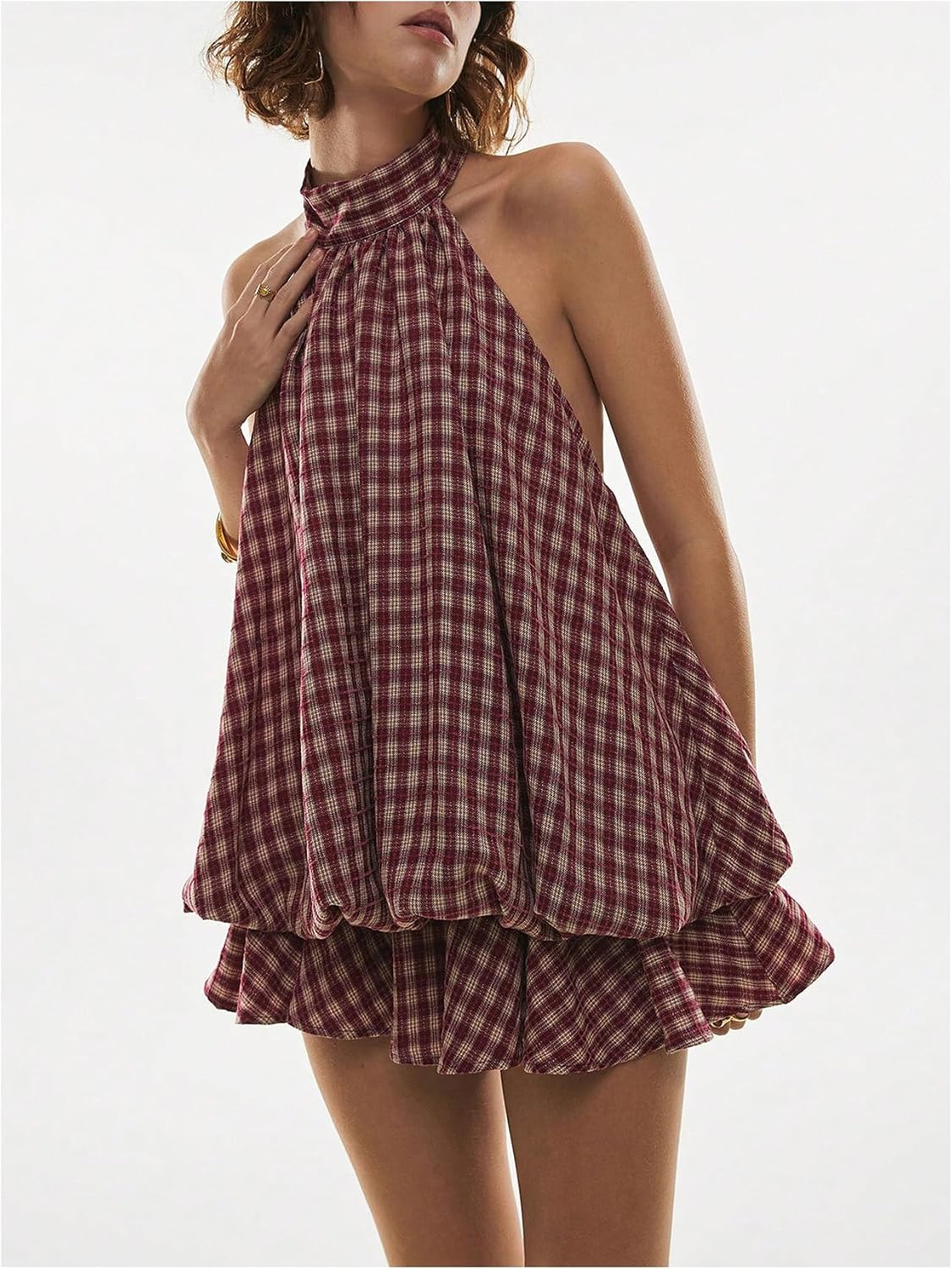 SOLY HUX Women's Plaid Halter Mini Dress Ruffle Bubble Hem Going Out Dress