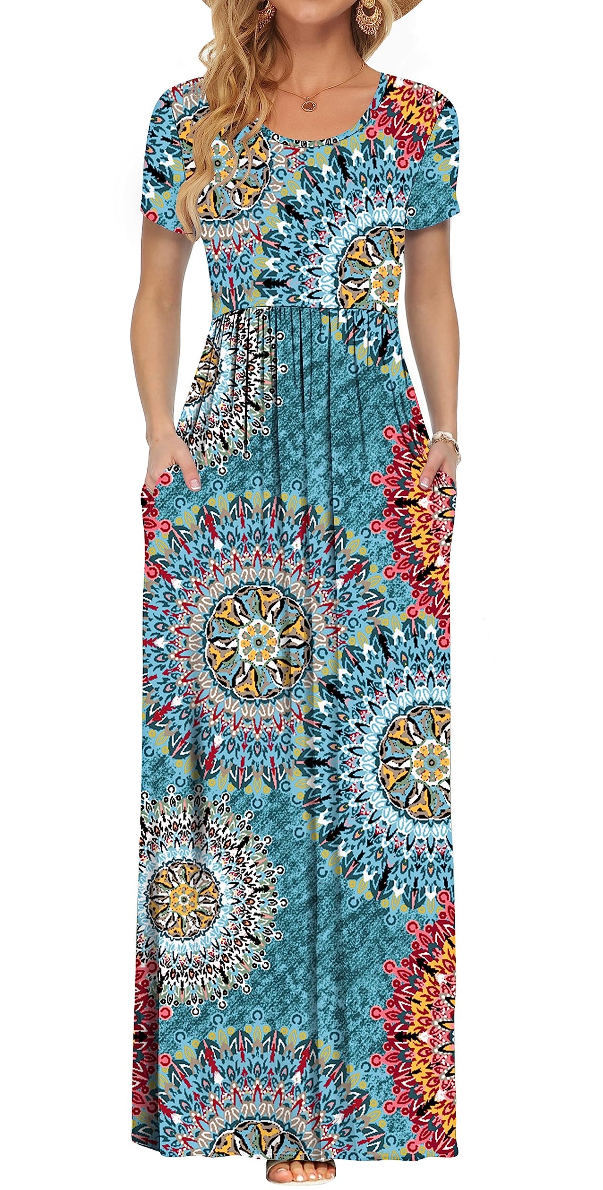 AUSELILY Women's Summer Short Sleeve Loose Plain Casual Long Maxi Dresses