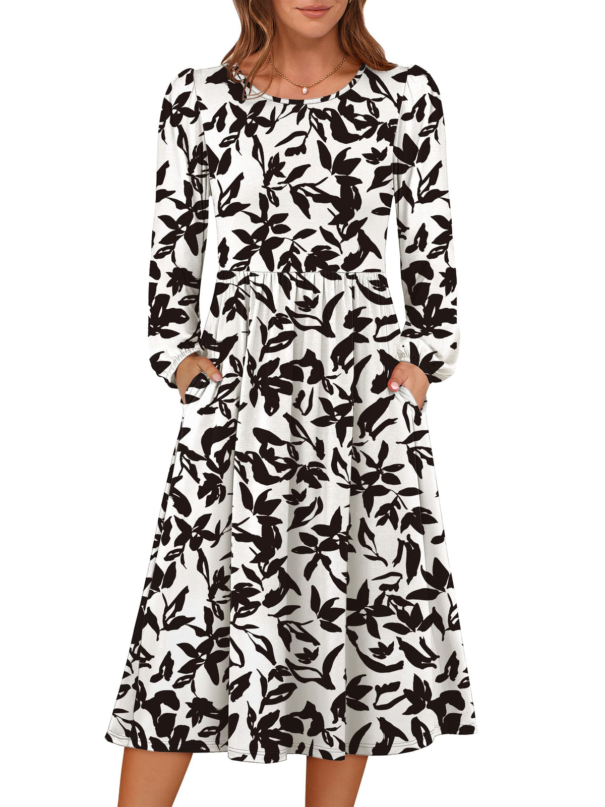 ANRABESS Women Long Sleeve Casual Fall Midi Dress Lightweight with Pockets