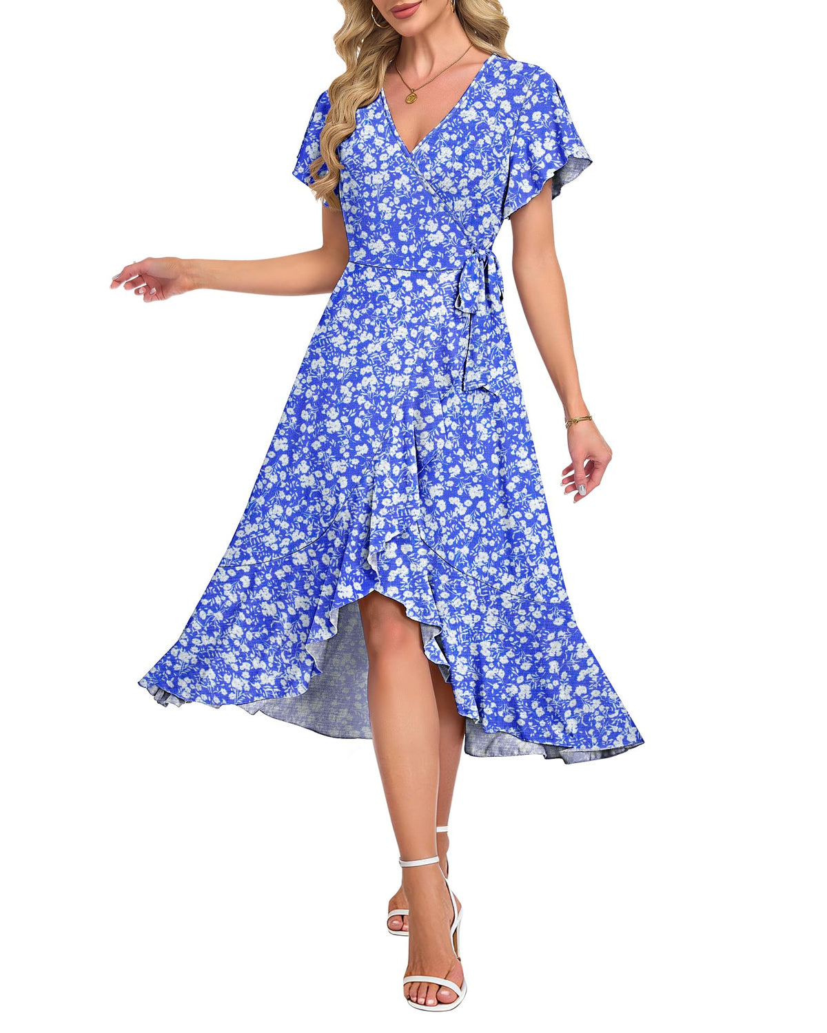AUSELILY Women Summer Midi Dresses Wrap Short Flutter Sleeve Elegant Dress