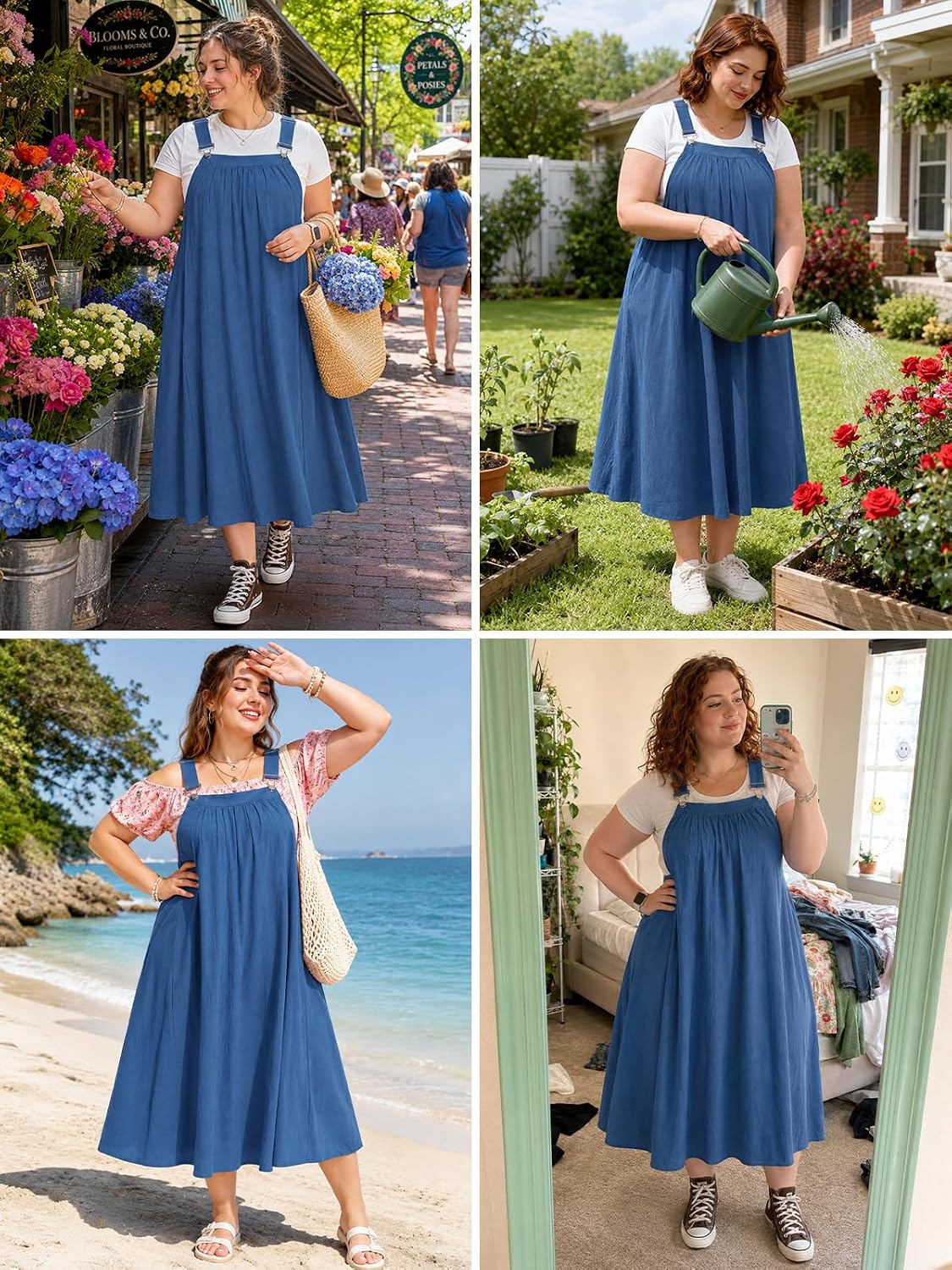 Moon Wood Plus Size Cotton Overall Dress for Women Casual Maxi Dress Adjustable Strap Jumper Dress with Pockets