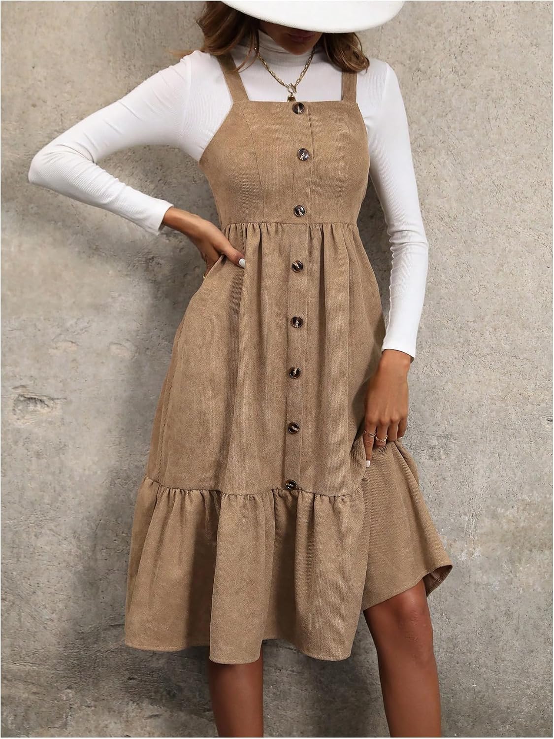 WDIRARA Women's Button Front Sleeveless Ruffle Hem Pinafore Dress Corduroy Jumper Dress