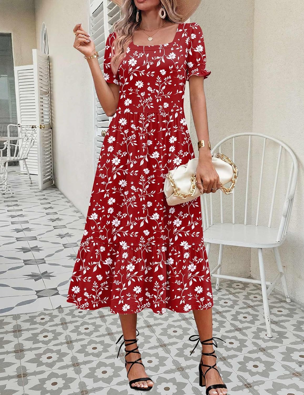Zeagoo Summer Dresses for Women Flowy Casual Midi Dress Short Sleeve Tiered Dress Beach Vacation Sundresses with Pockets