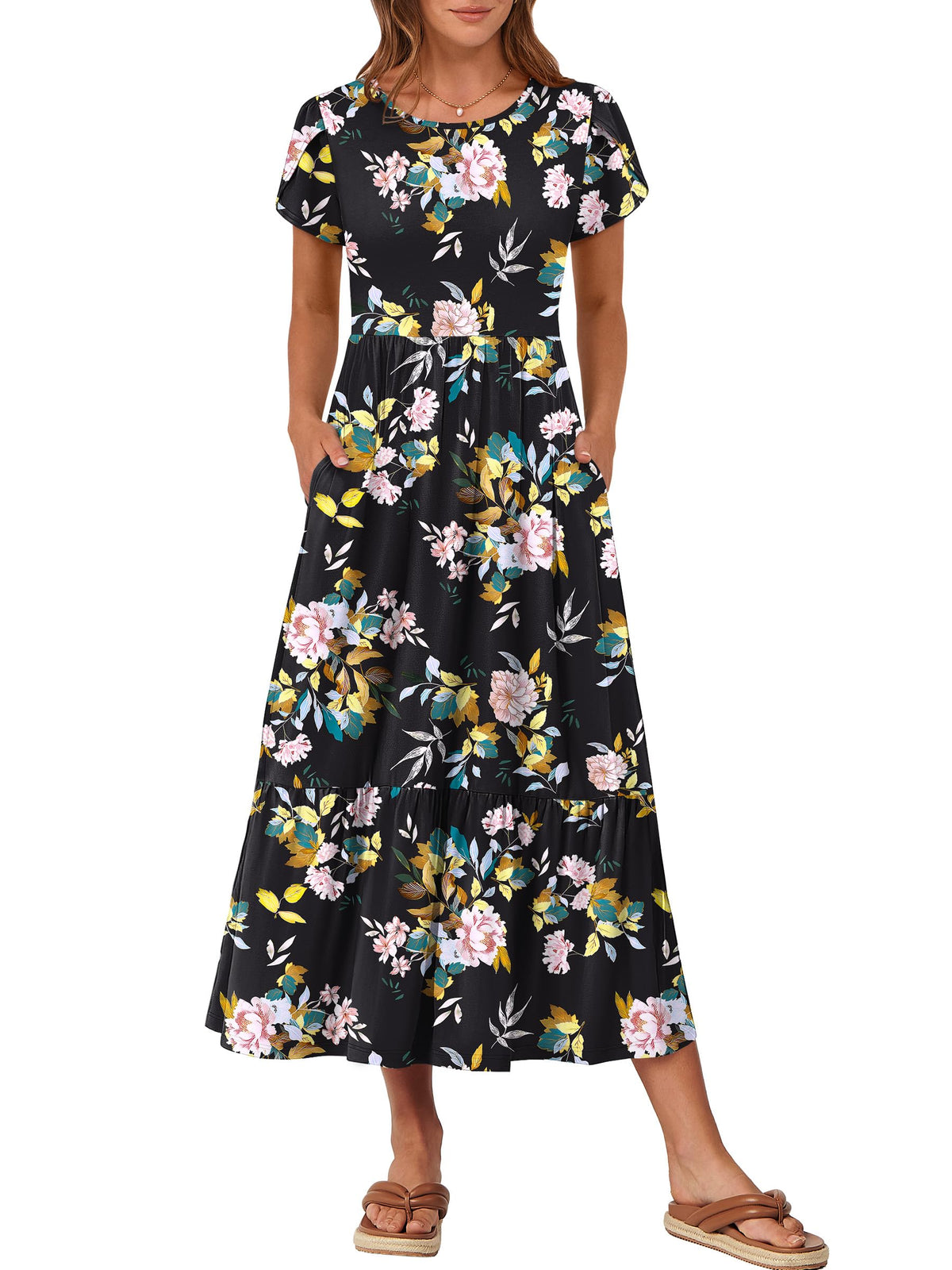 ANRABESS Womens Summer Petal Short Sleeve Maxi Dress with Pockets