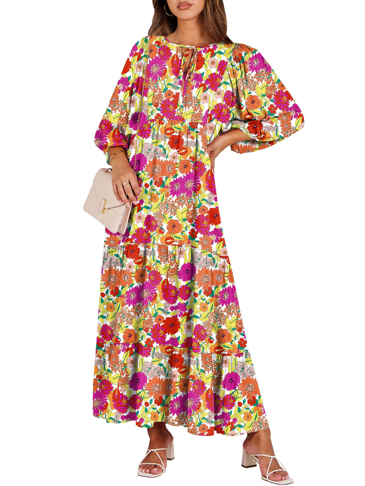 ANRABESS Womens Boho Floral 3/4 Puff Sleeve Maxi Dress