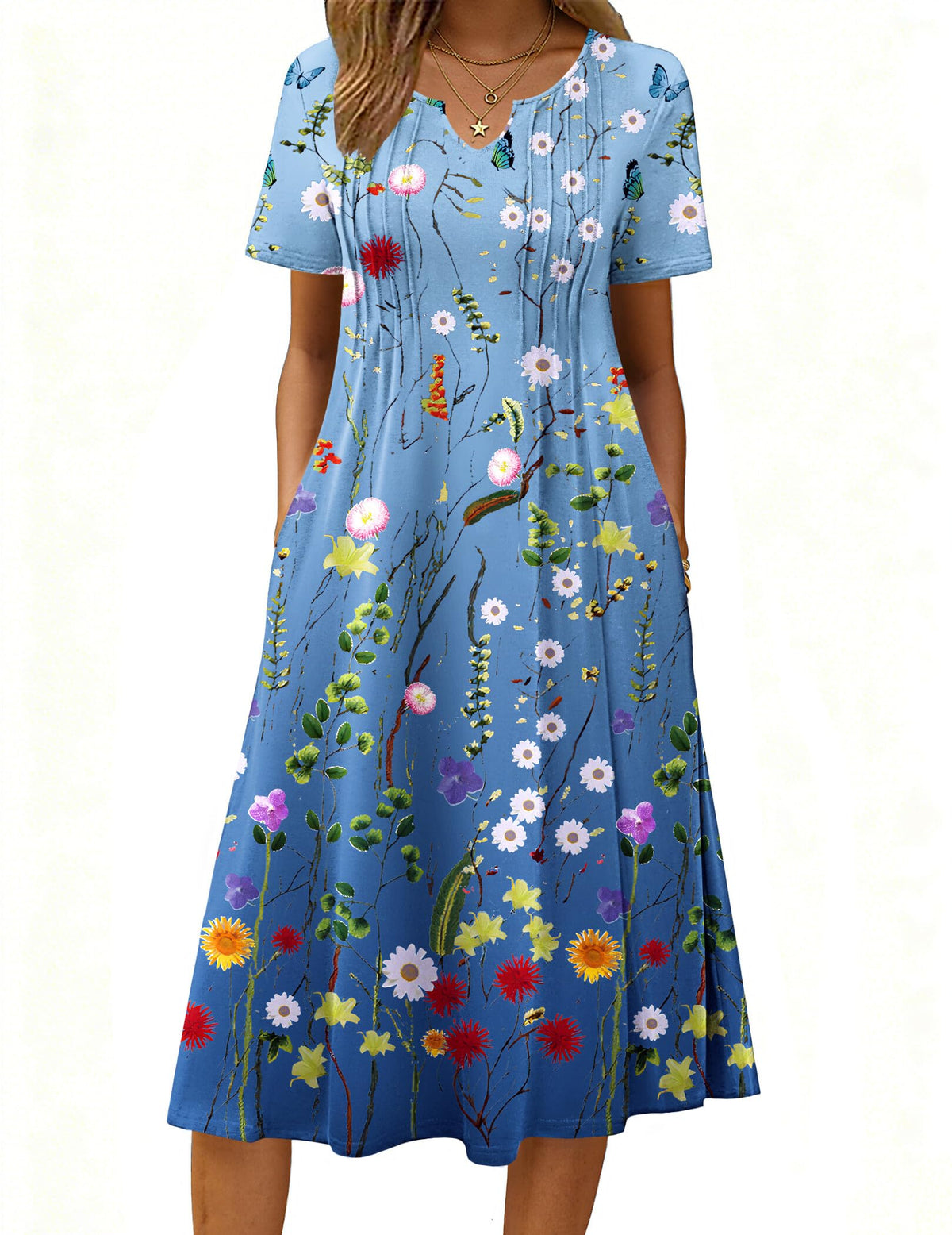 Zeagoo Summer Dresses for Women 2026 Casual Short Sleeve Aline Midi Dress with Pocket Flowy Pleated Tshirt Beach Sundress