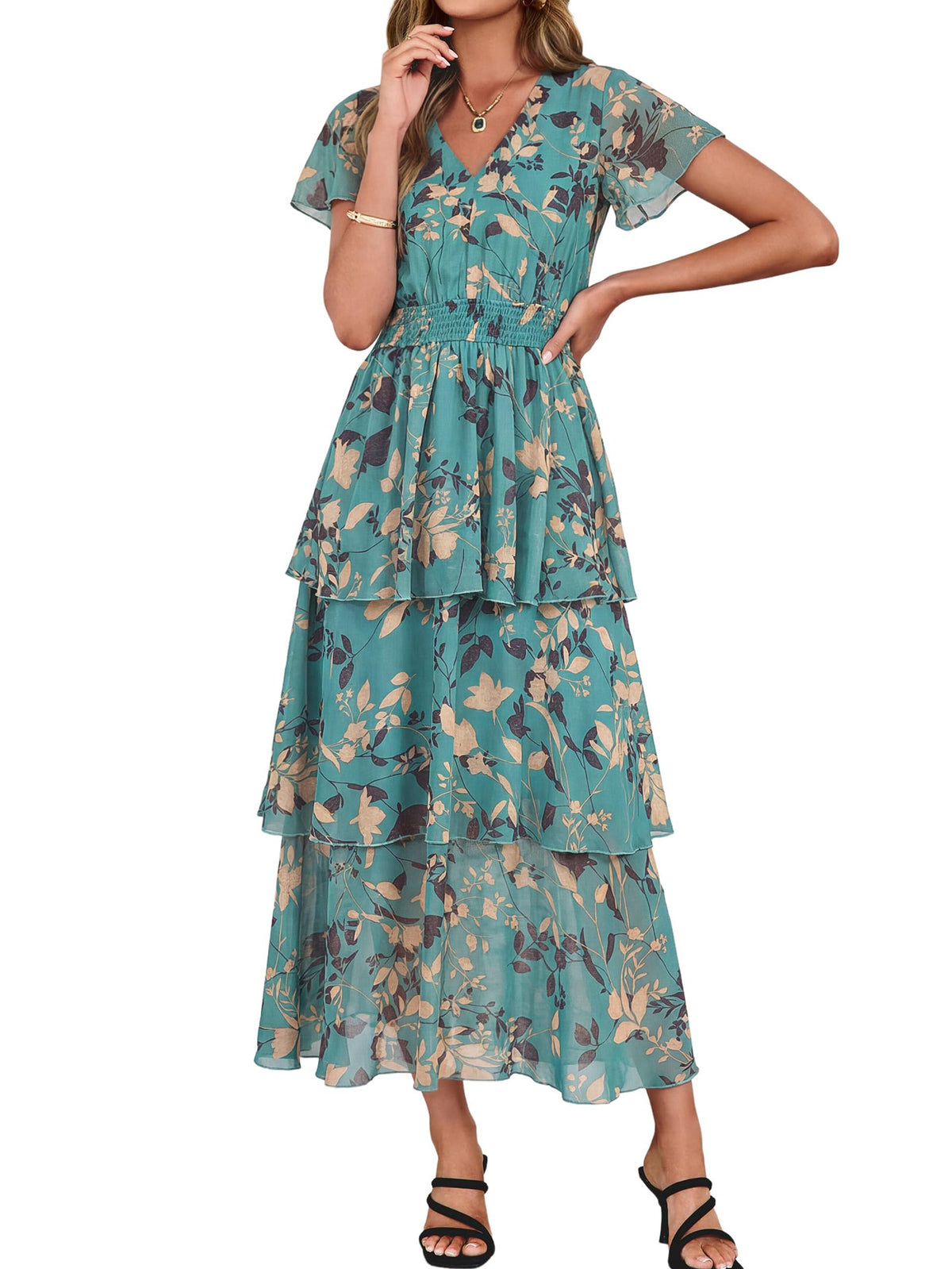 Simplee Women Floral Summer Maxi Dress Boho Flowy Ruffle Tiered Short Sleeves V Neck Long Wedding Guest Dresses