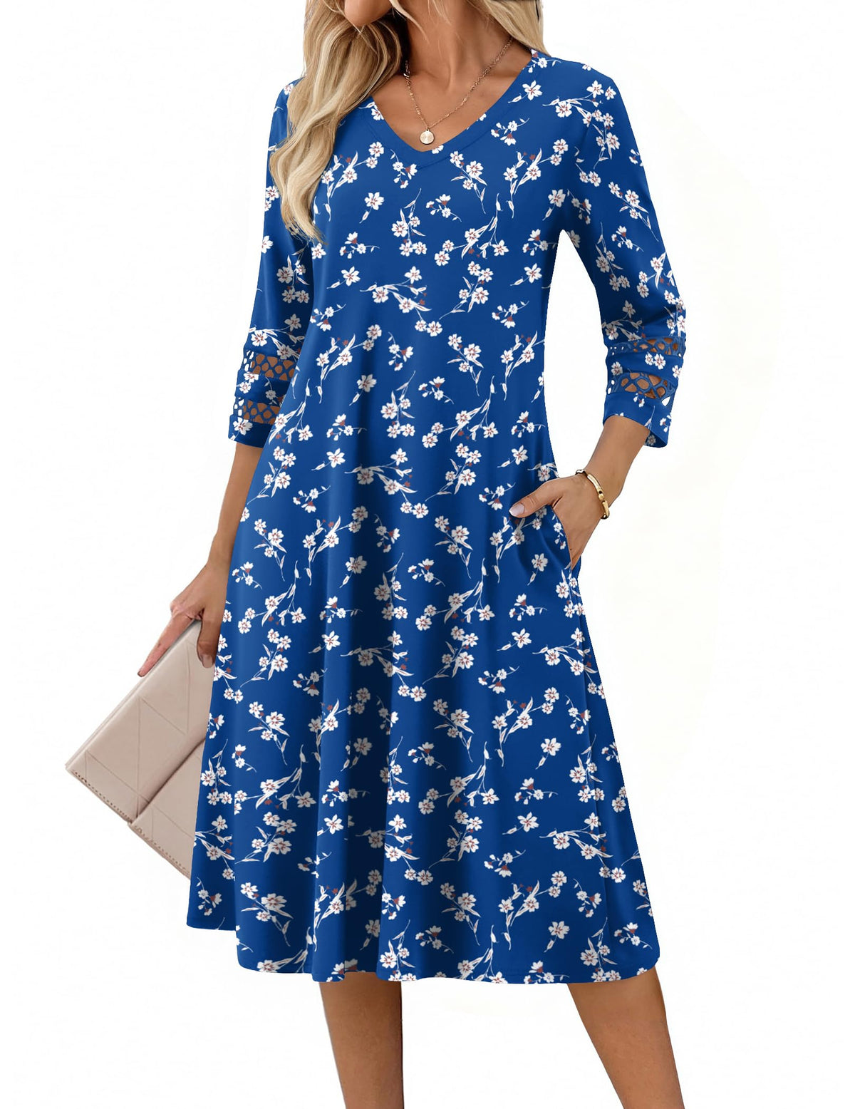 Zeagoo Women's Dresses 3/4 Sleeve Casual V-Neck A Line Eyelet Midi Dress