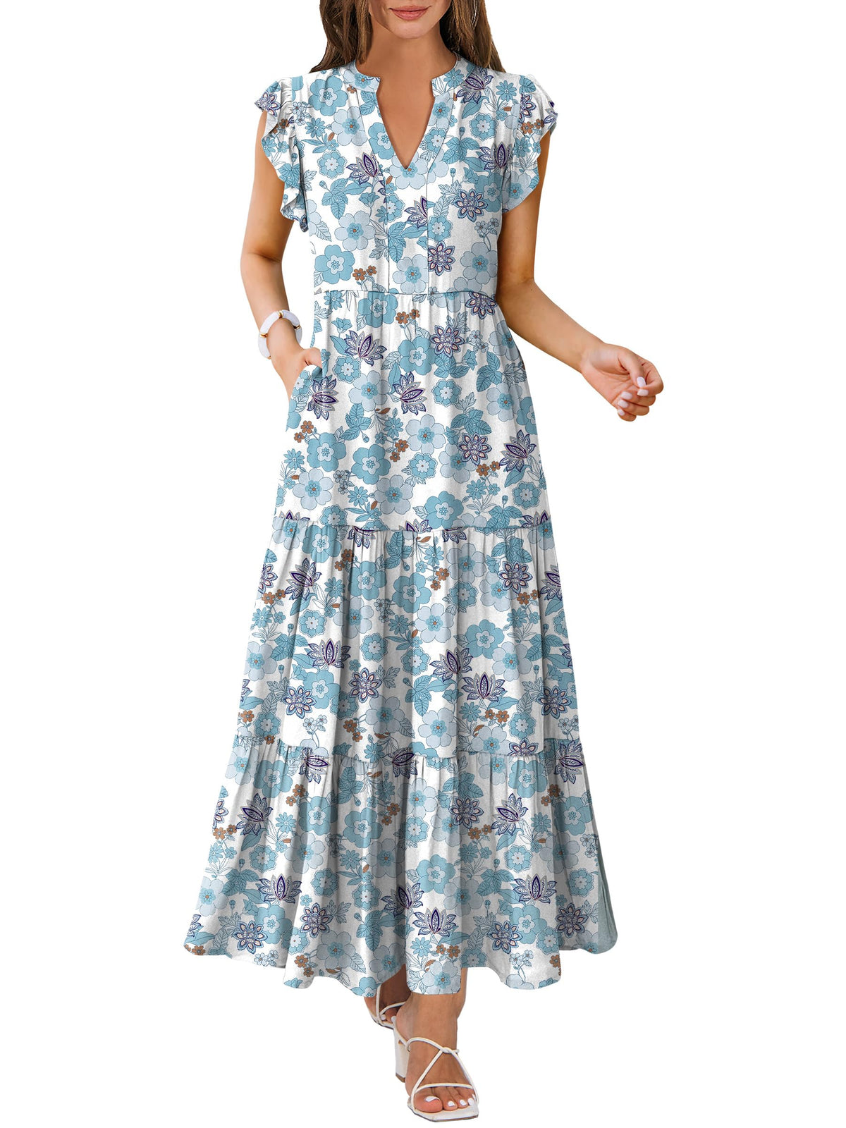 ANRABESS Womens Summer Dress Ruffle Sleeve V Neck Vacation Maxi Dresses
