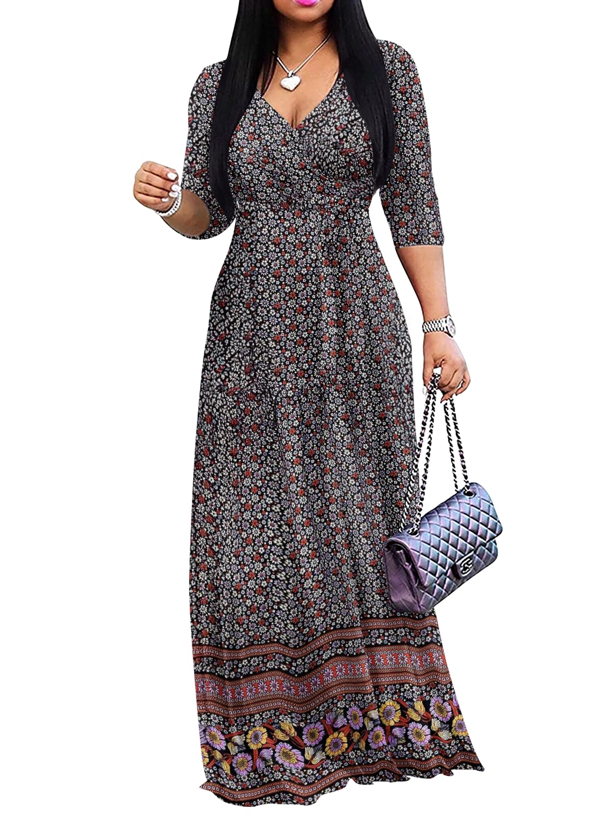 Yajedo Womens Casual Summer Maxi Dress Plus Size Sexy Wrap V Neck 3/4 Sleeve Sundress with Pockets