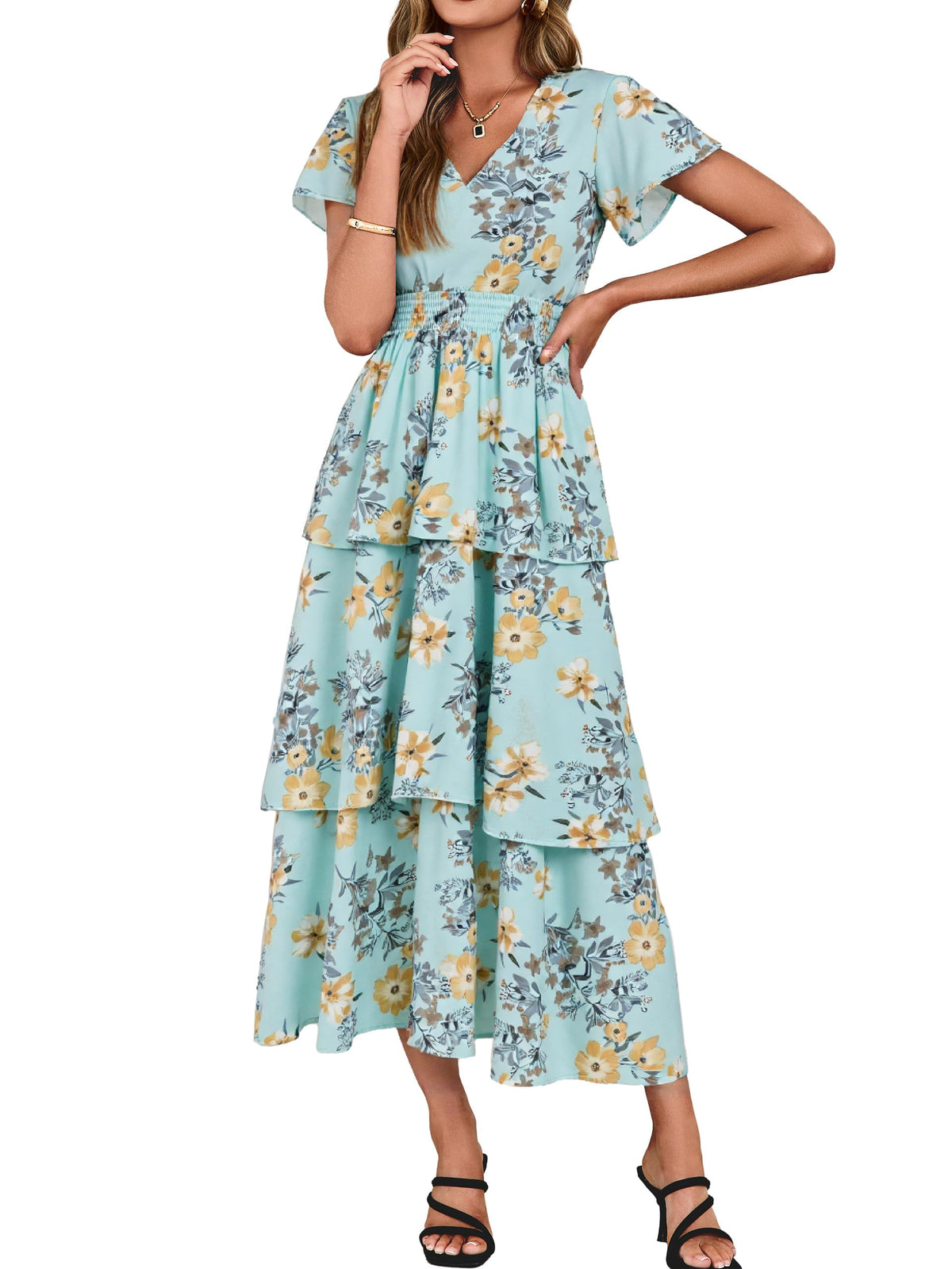 Simplee Women Floral Summer Maxi Dress Boho Flowy Ruffle Tiered Short Sleeves V Neck Long Wedding Guest Dresses
