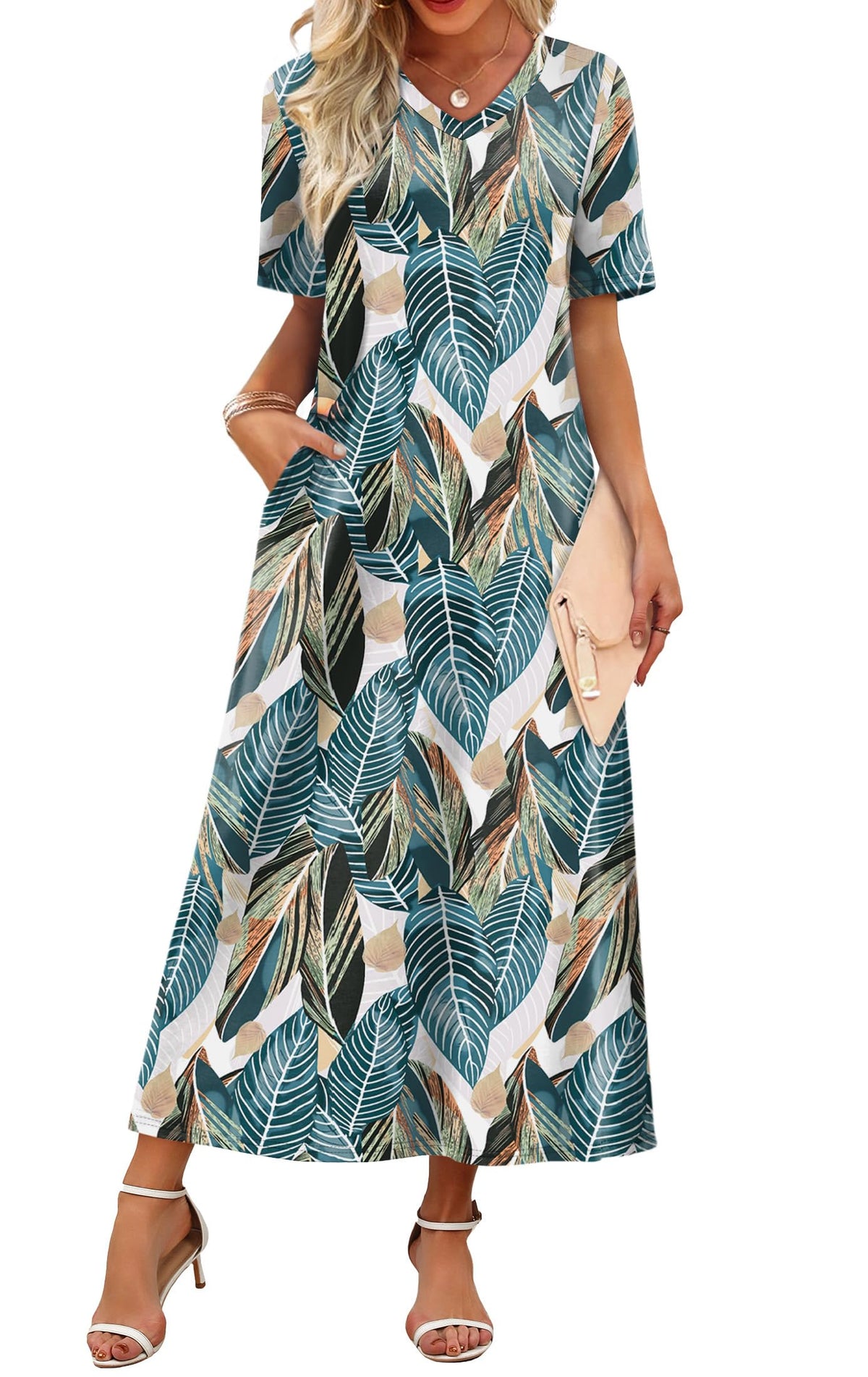 WIHOLL Women's Maxi Dresses V Neck Vacation Beach Sundresses Floral Travel Summer Dress