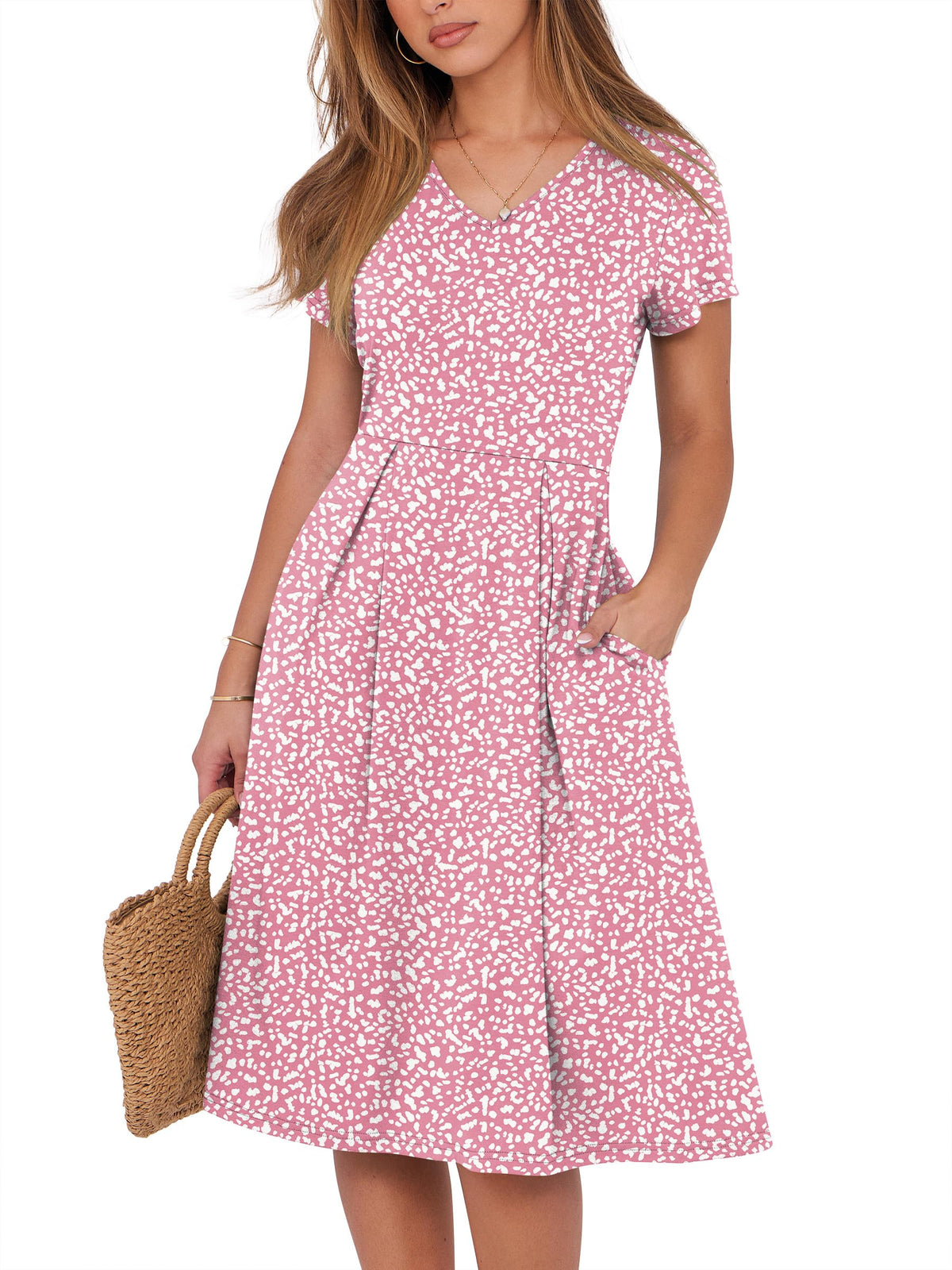 ANRABESS Women Summer Dress Casual Short Sleeve V Neck A-Line Knee Length Pleated Flowy 2026 Fashion Midi Dresses with Pocket