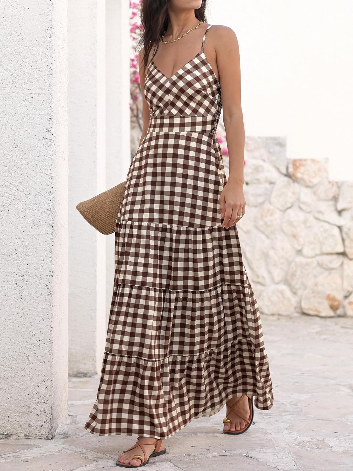 Caracilia Womens Summer Gingham Striped Flowy Spaghetti Strap Maxi Dress