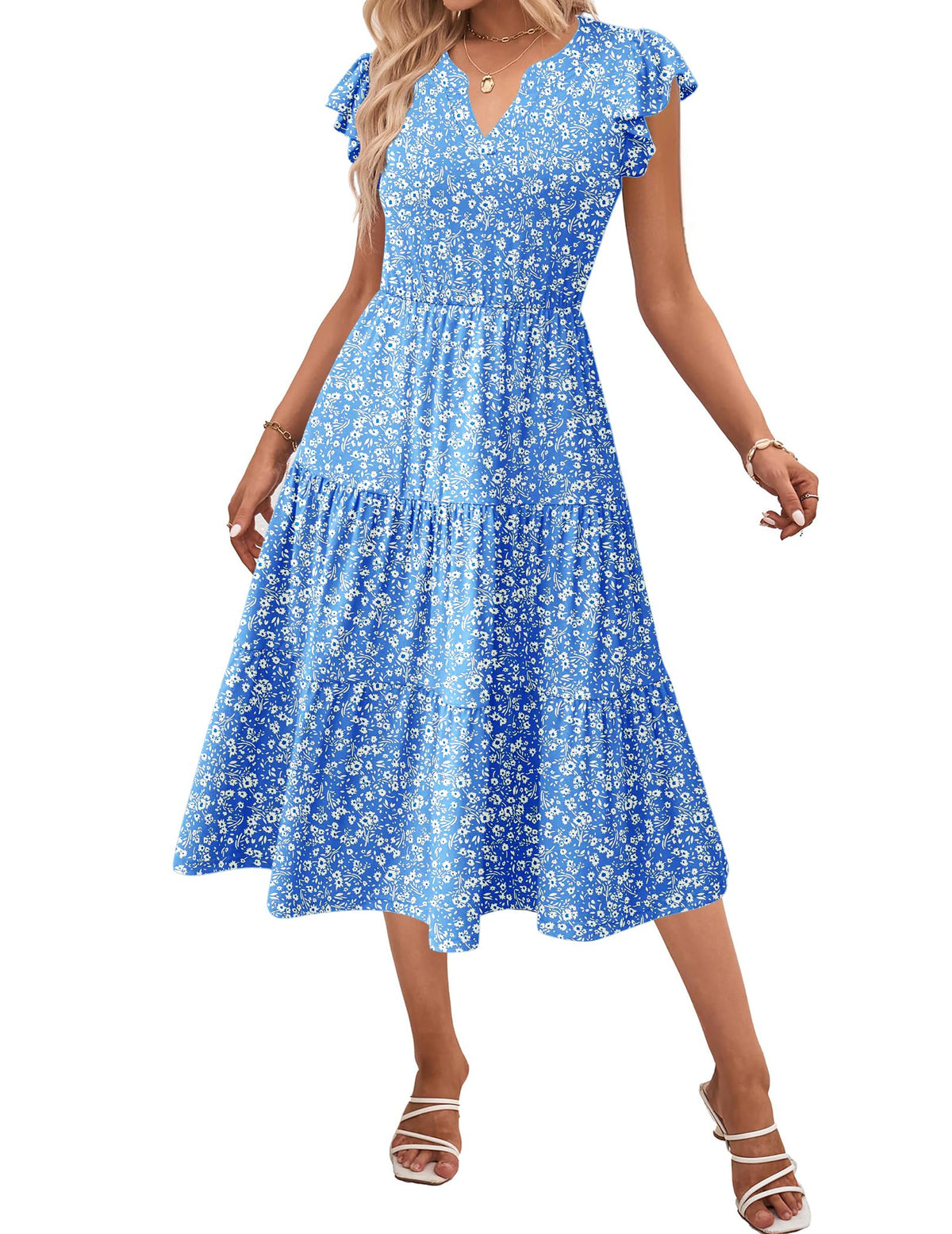 ZEAGOO Womens Summer Casual Dresses Ruffle Sleeve V Neck Midi Dress Flowy Tiered Dress with Pockets Boho Sundresses
