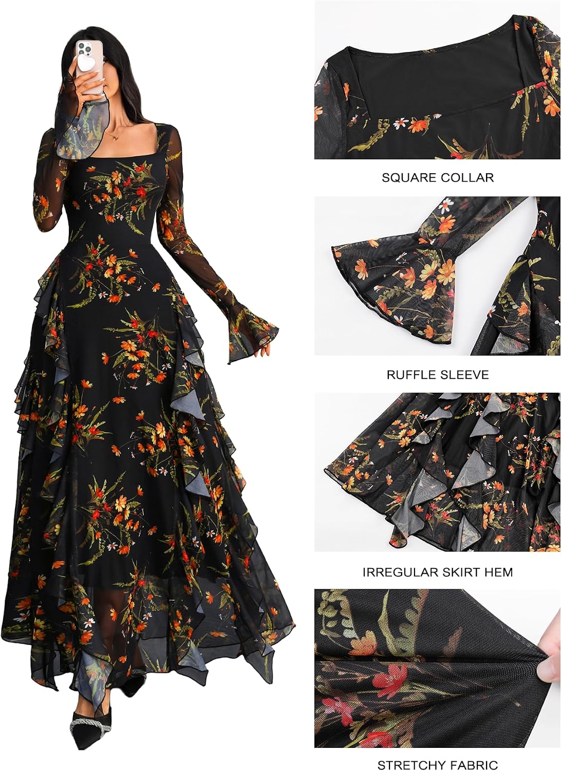 GothDark Women's Floral Dress Long Sleeve Square Neck Ruffle Party Outfit