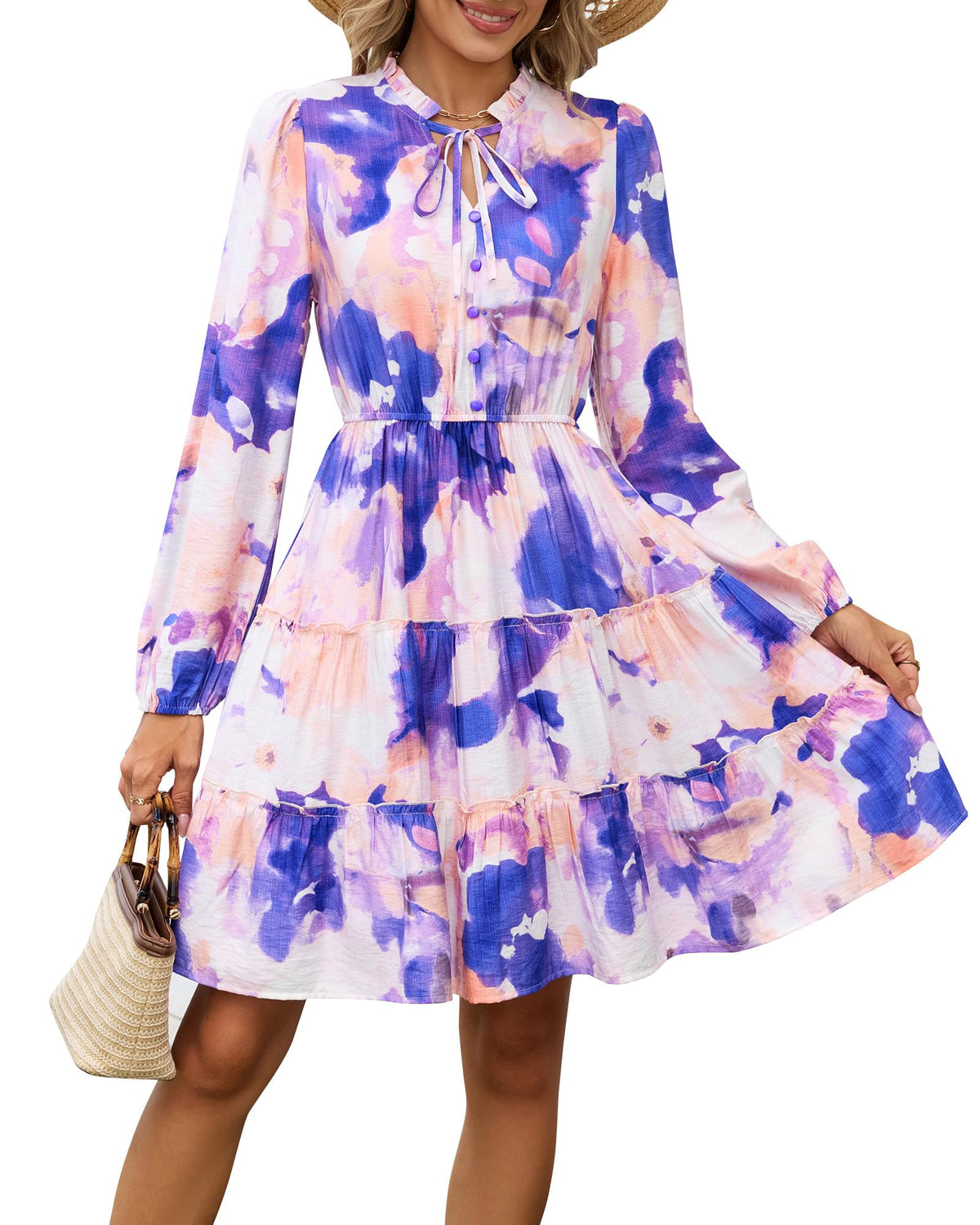 BTFBM Women Fall Dresses 2026 Floral Long Sleeve Mini Boho Dress