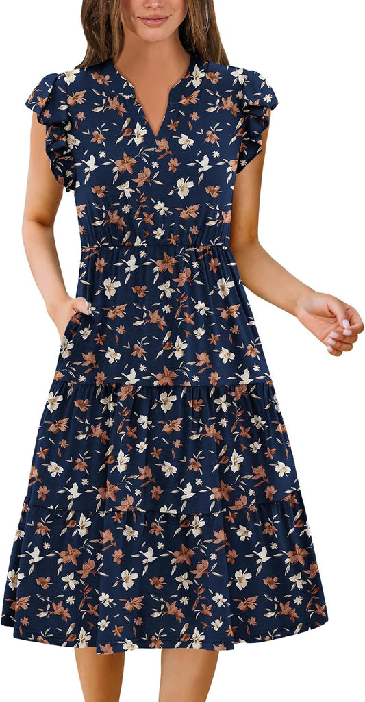 ZEAGOO Womens Summer Casual Dresses Ruffle Sleeve V Neck Midi Dress Flowy Tiered Dress with Pockets Boho Sundresses