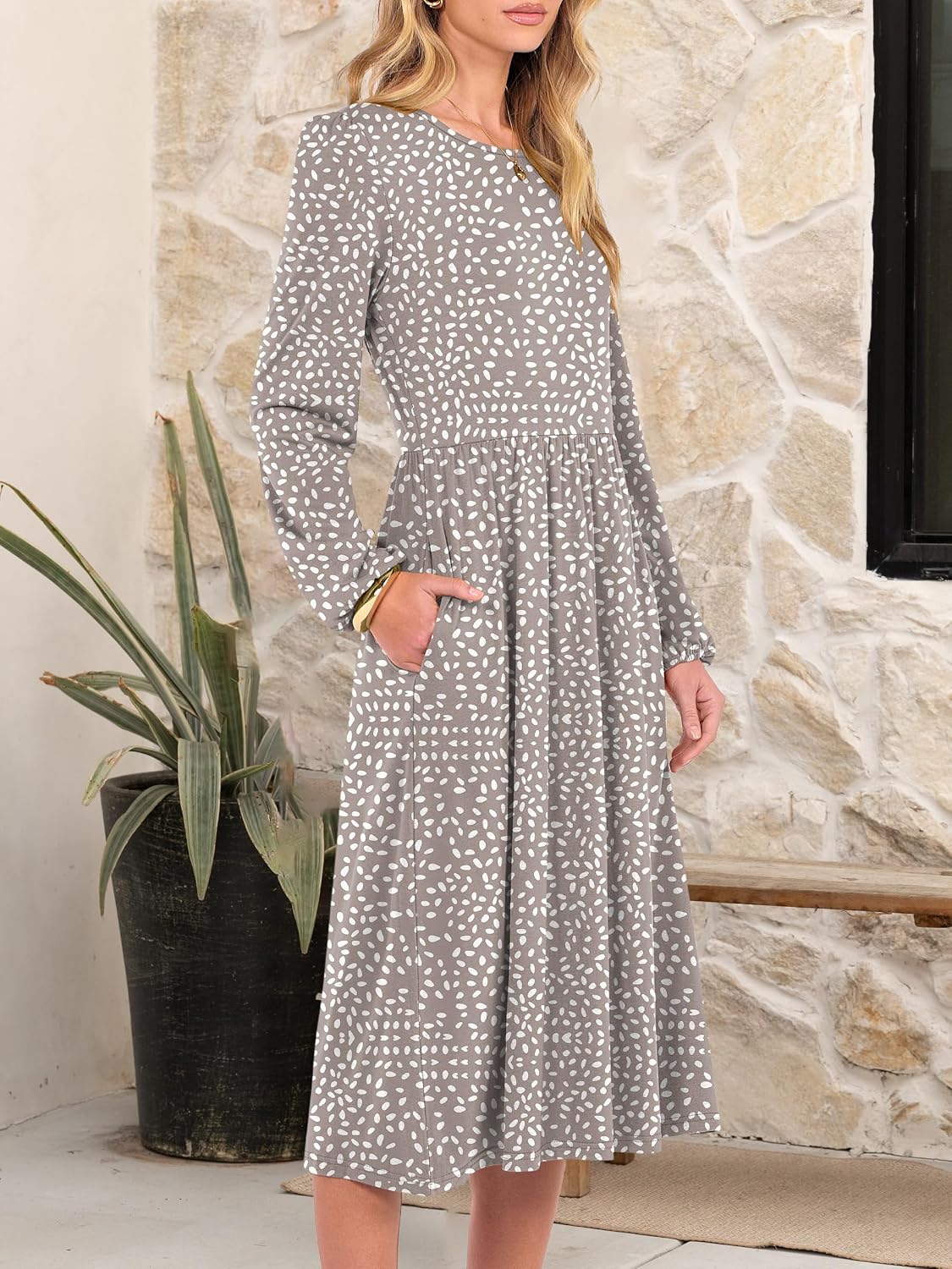 ANRABESS Women Long Sleeve Casual Fall Midi Dress Lightweight with Pockets