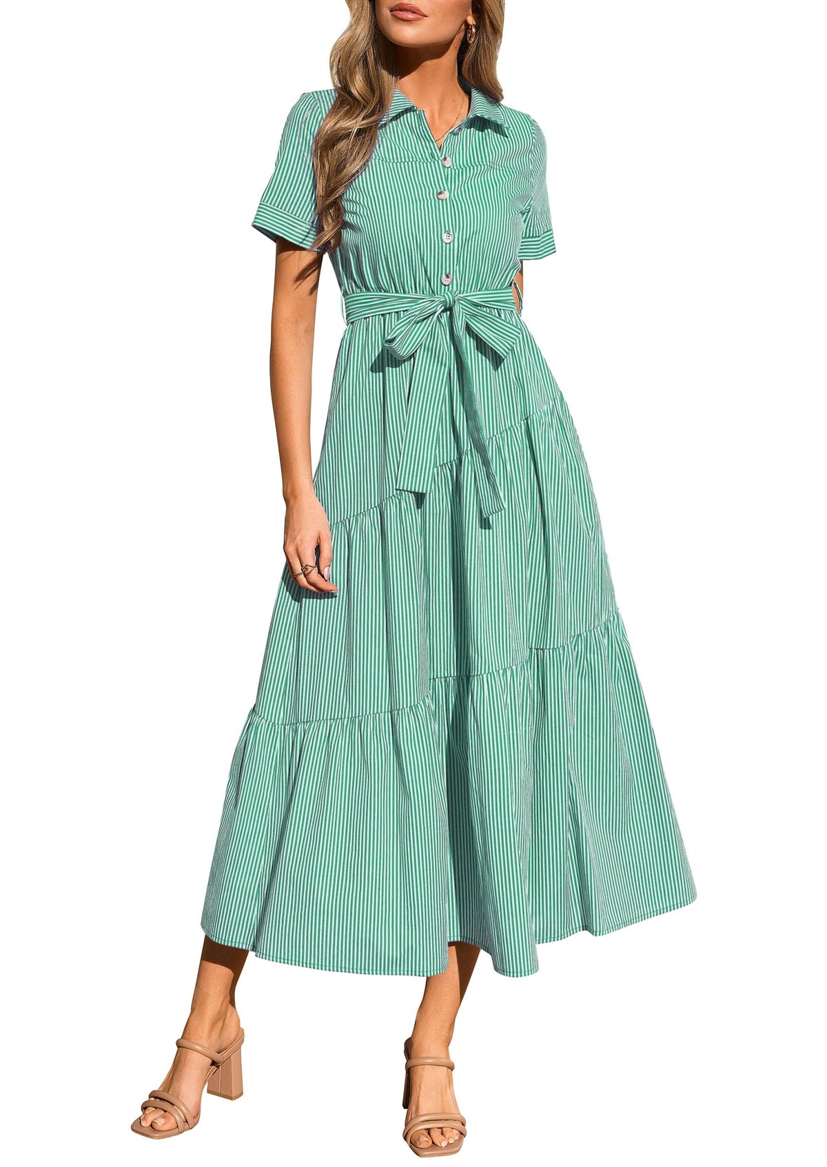 PRETTYGARDEN Women Striped Button Up Maxi Shirt Dress