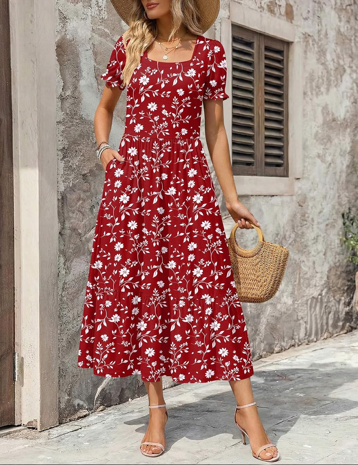 Zeagoo Summer Dresses for Women Flowy Casual Midi Dress Short Sleeve Tiered Dress Beach Vacation Sundresses with Pockets