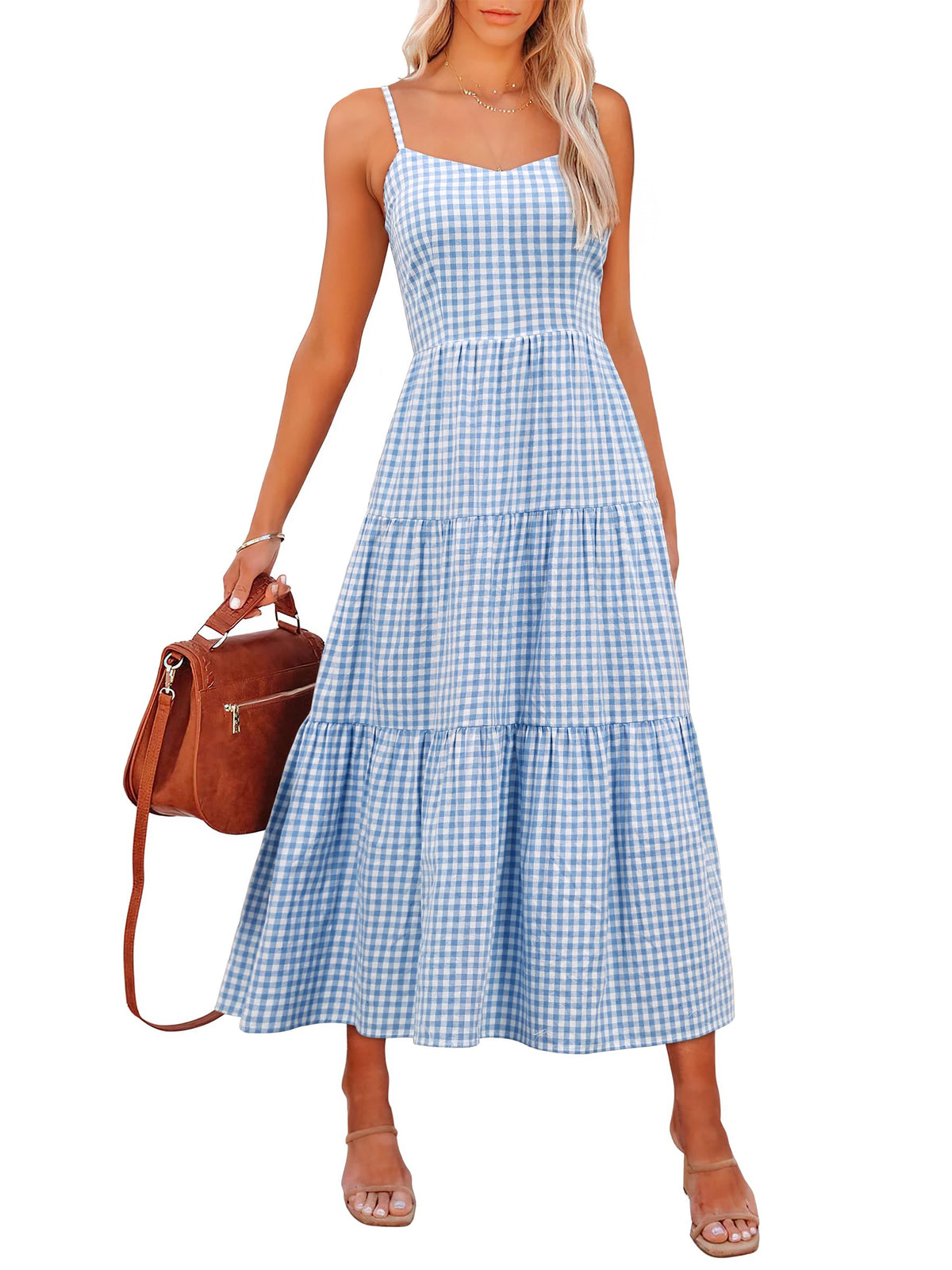 ANRABESS Womens Summer Striped Gingham Midi Dresses Casual Beach Sundress