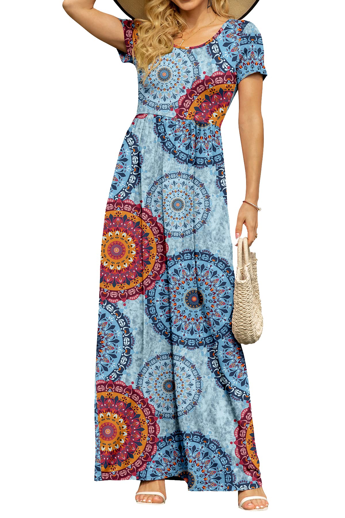 DB MOON Women's Summer Maxi Dress Casual Short Sleeve Empire Waist Pockets