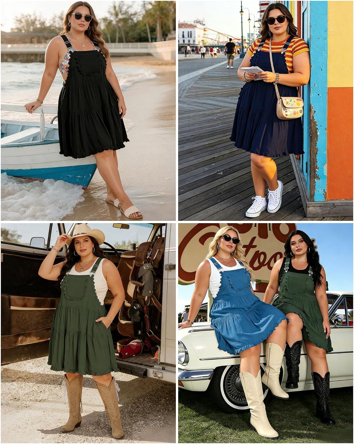 Moon Wood Plus Size Overall Dress for Women Adjustable Straps Lace Trim Jumper Dress with Pockets Tiered Mini Dress