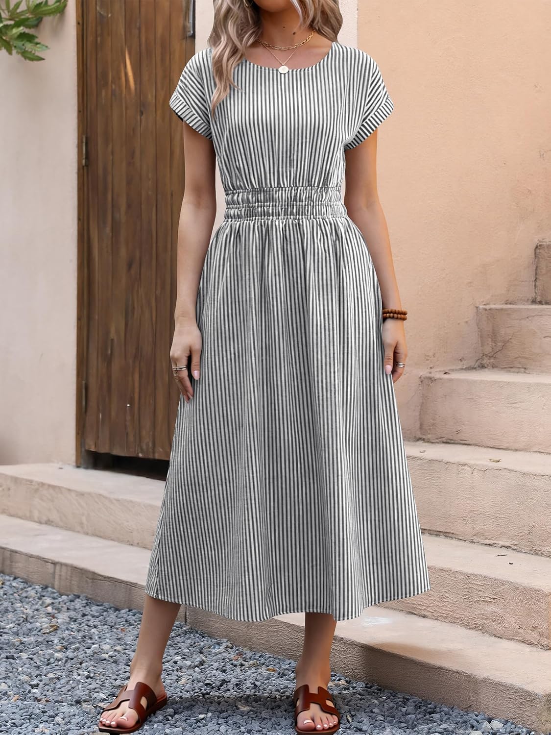 ANRABESS Womens Summer Midi Dress Striped Casual Short Sleeve Crewneck Elastic Waist 2026 Flowy Long Beach Dress with Pockets