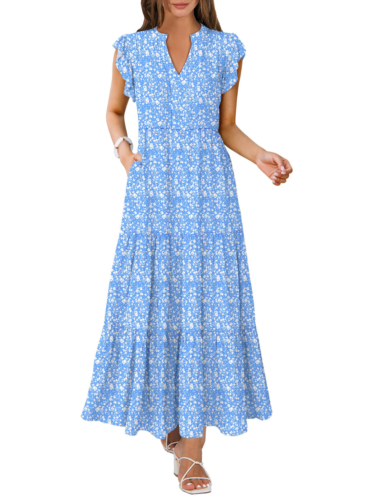 ANRABESS Womens Summer Dress Ruffle Sleeve V Neck Vacation Maxi Dresses
