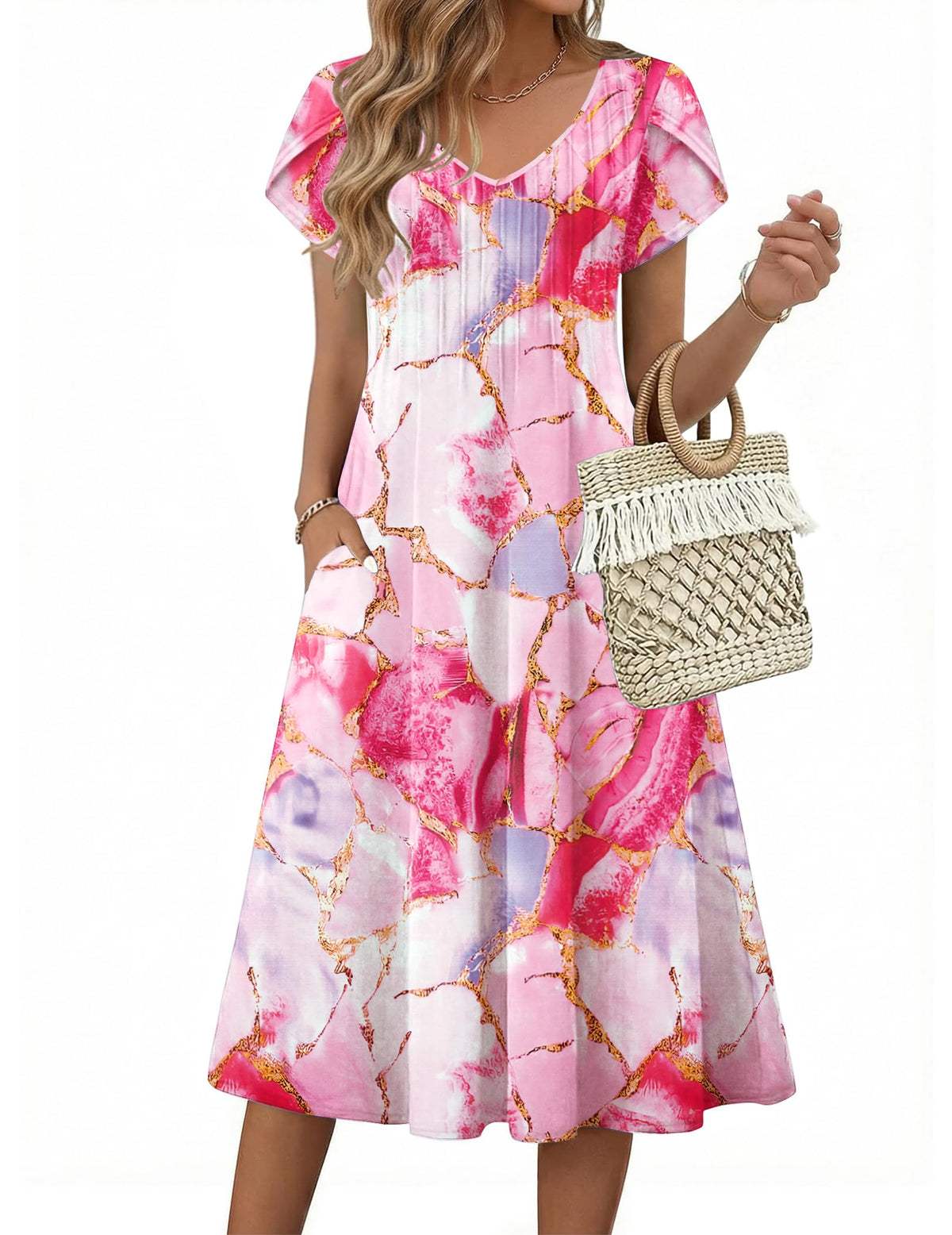 Zeagoo Womens Casual Summer Dress 2026 Short Sleeve Dresses Pleats Midi A Line Flowy Dress Boho Beach Sundress with Pockets