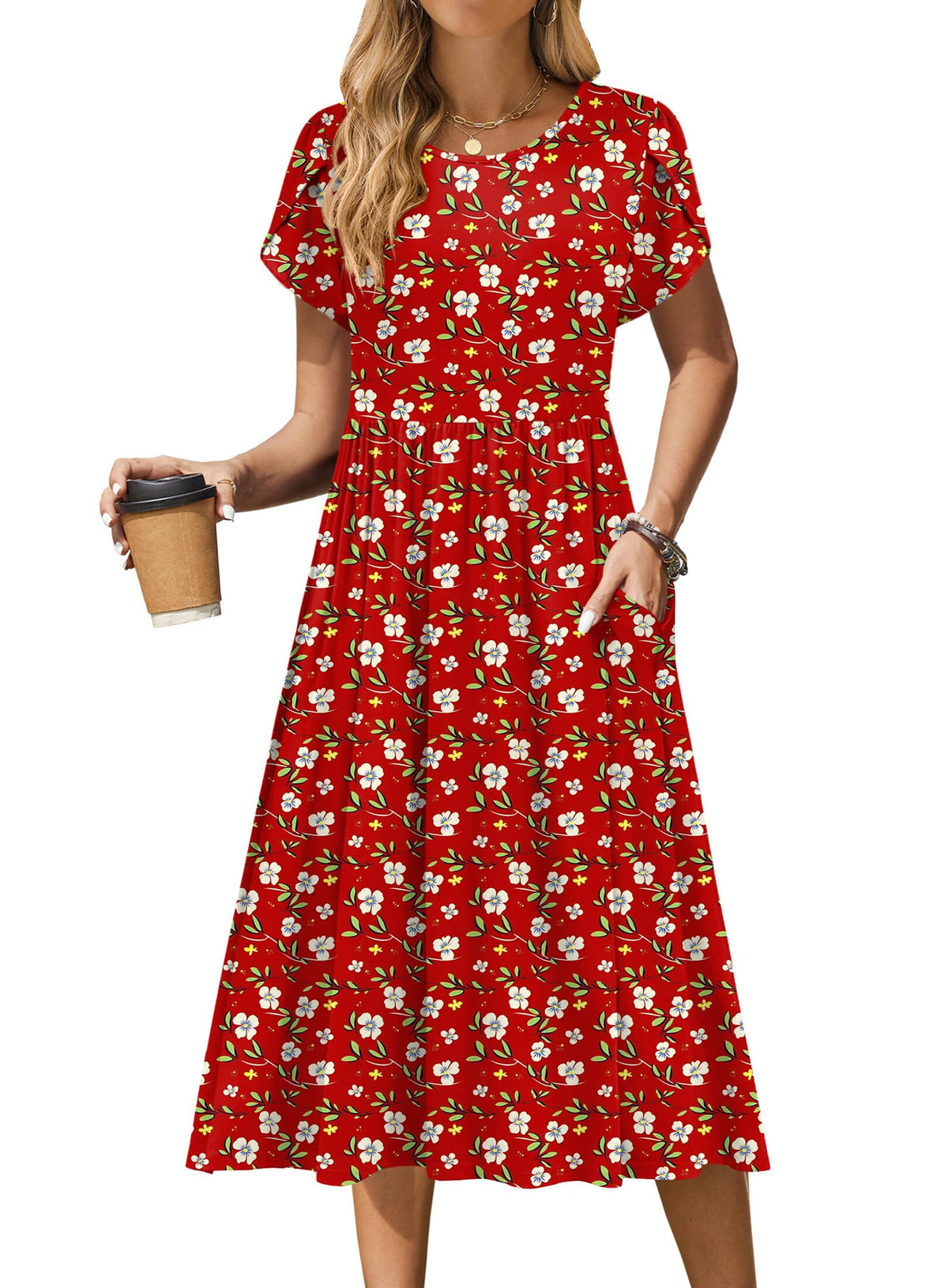 Zeagoo Womens Summer Dresses Casual Aline Midi Dress Short Sleeve Floral Tshirt Dress Flowy Beach Sundresses with Pockets