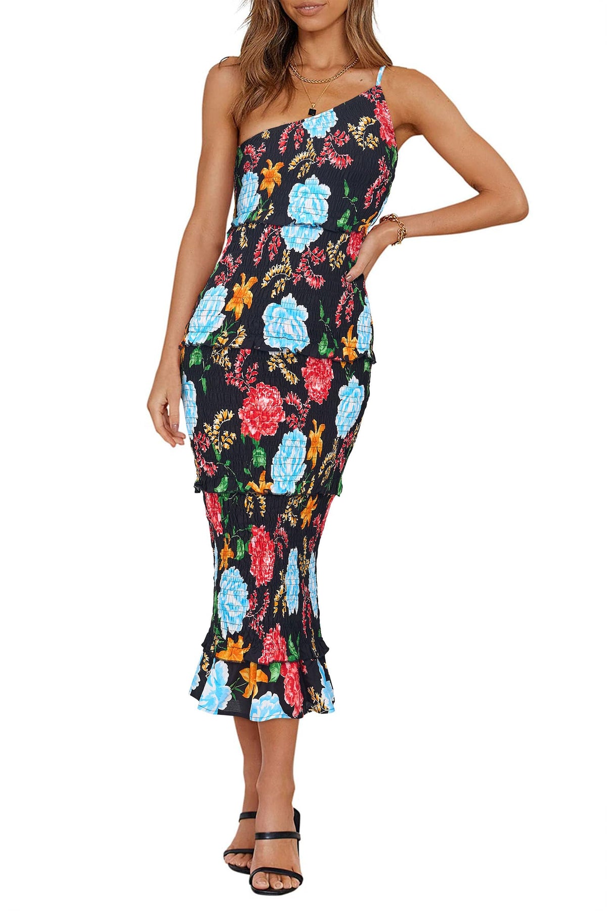 PRETTYGARDEN Women's Summer Midi Bodycon Dresses One Shoulder Strappy Tiered Ruffle Floral Boho Sun Dress
