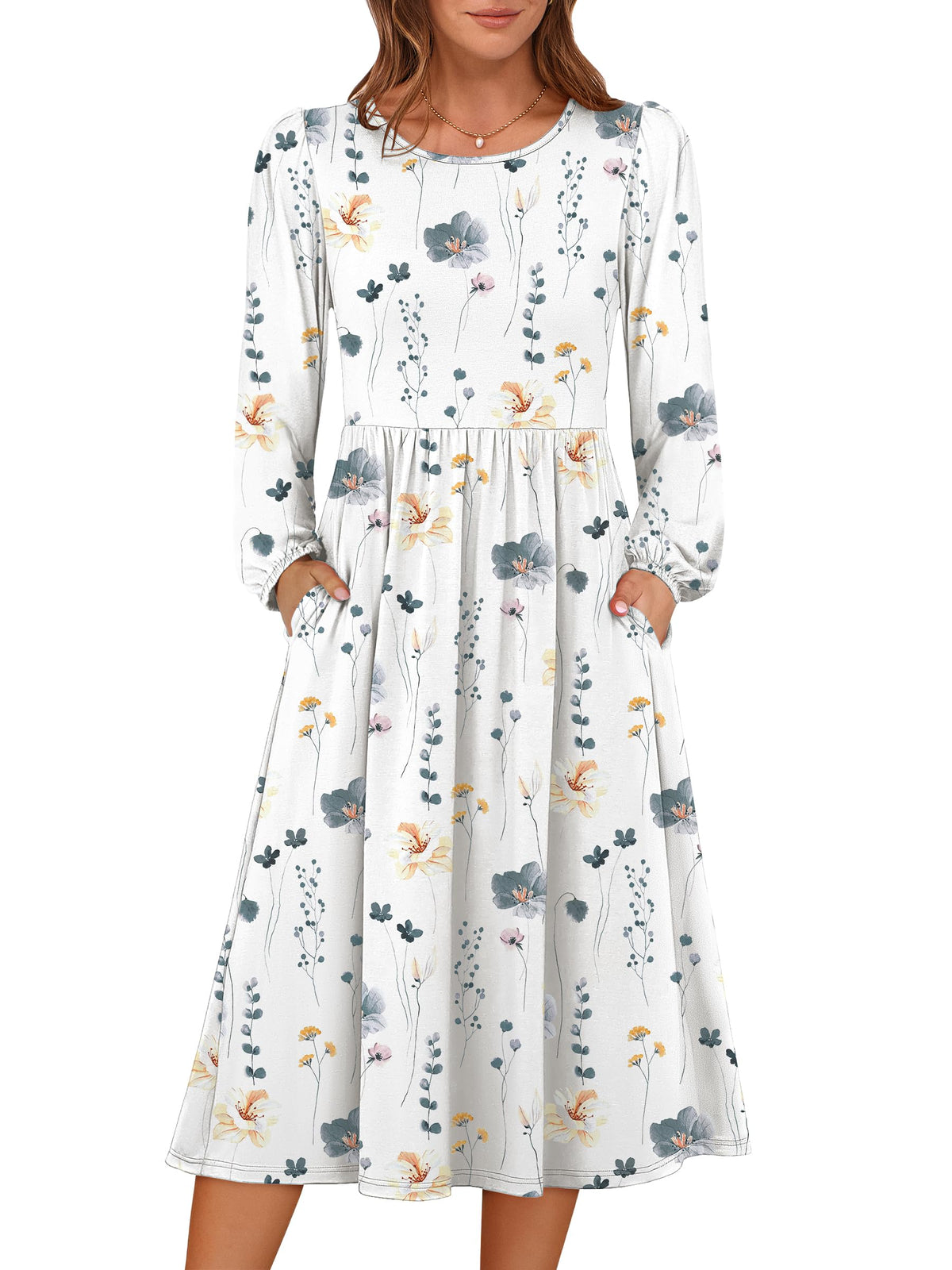 ANRABESS Women Long Sleeve Casual Fall Midi Dress Lightweight with Pockets
