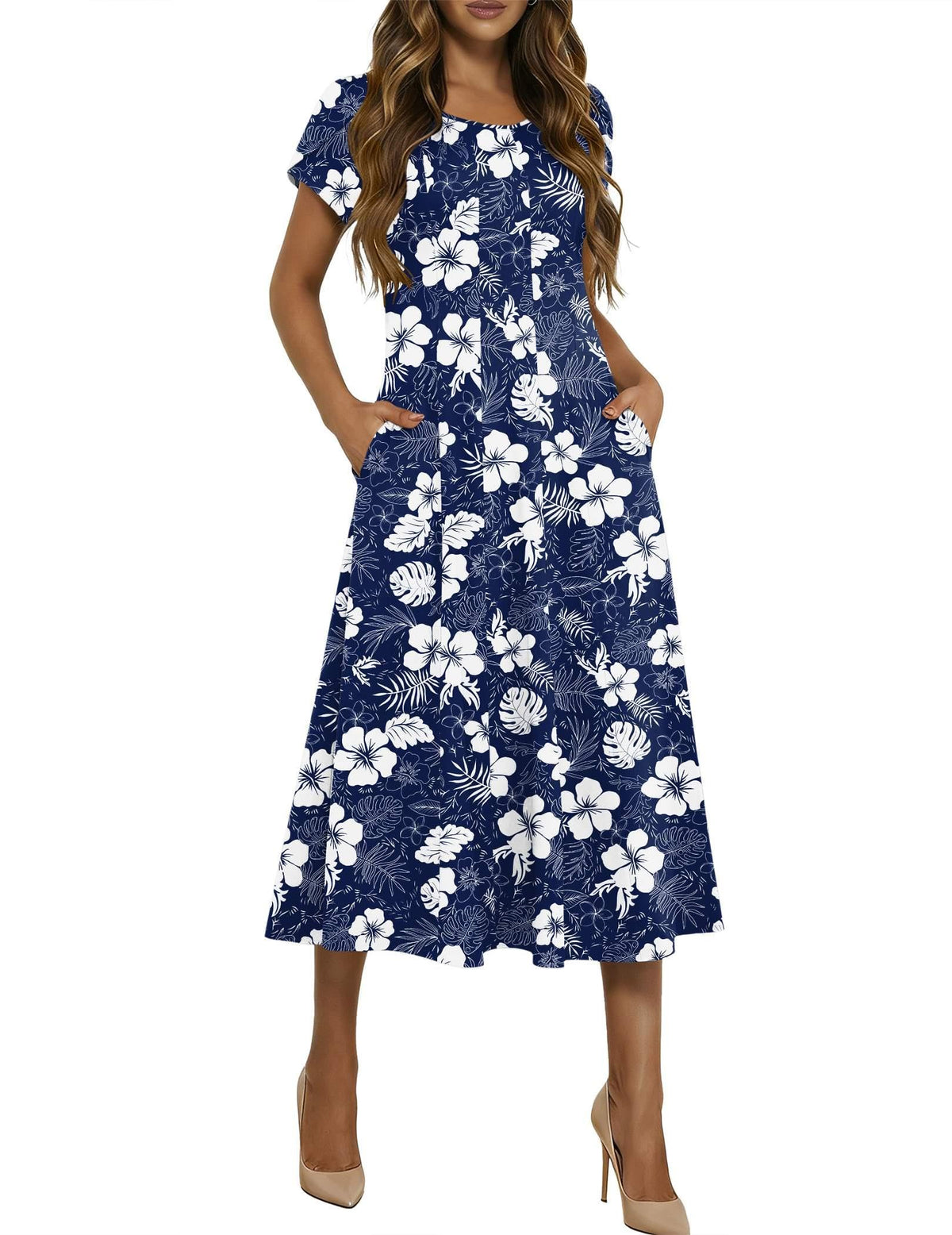 HOTOUCH Summer Dresses for Women 2026 Casual Midi Dress Petal Short Sleeve A Line Dress Pleated Flare Sundress