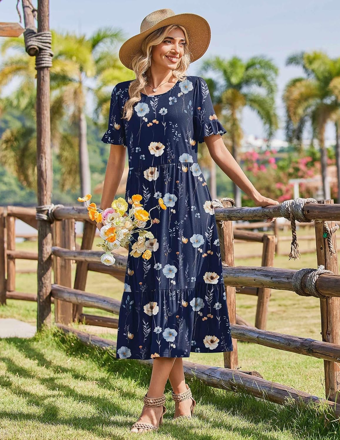 Zeagoo Womens Summer Dresses 2026 Casual Midi Dress Flowy Sundress Ruffle Short Sleeve Tiered Dresses A Line Boho Dress
