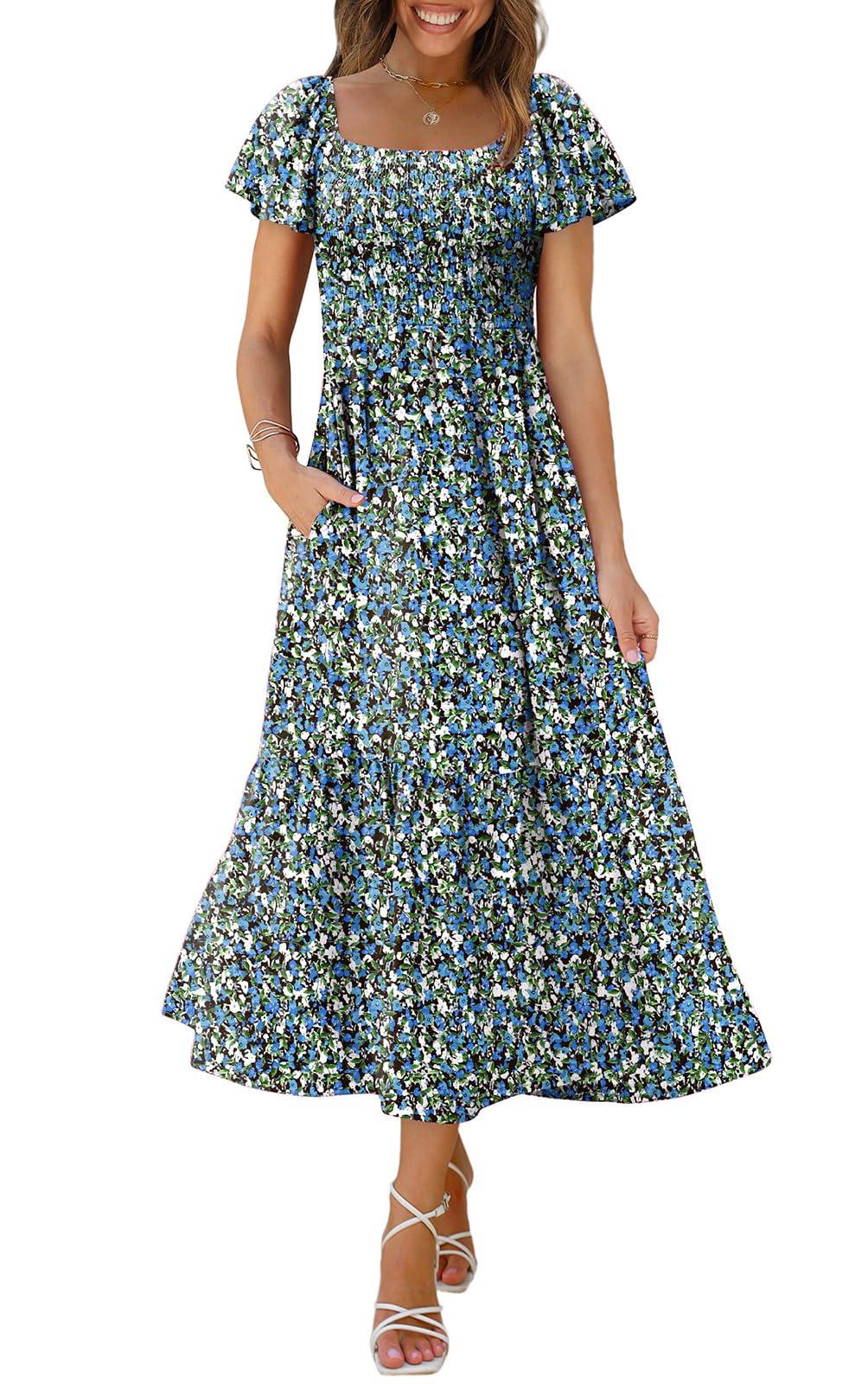 OFEEFAN Summer Dresses for Women Square Neck Ruffle Sleeve Smocked Maxi Dress with Pockets