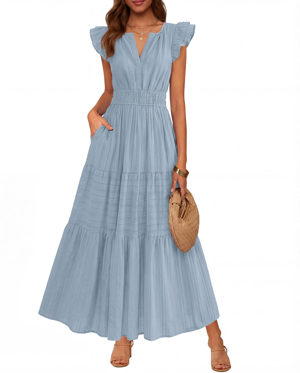 BTFBM Womens Summer Casual Ruffle Sleeve Maxi Dress
