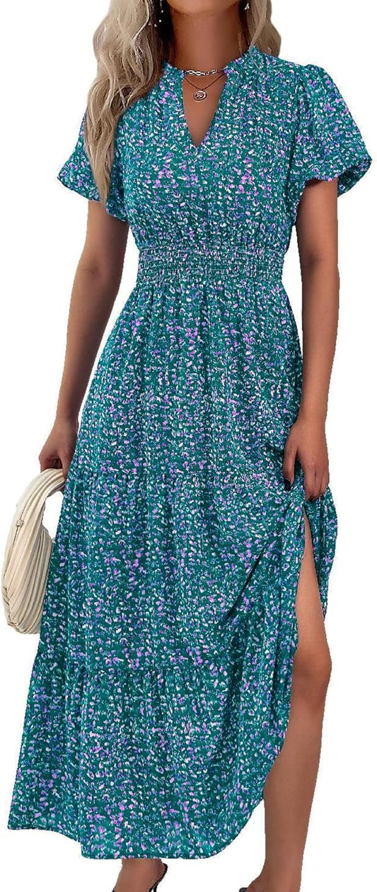 MASCOMODA Summer Maxi Dresses for Women 2026 Short Sleeve Long Floral Dress