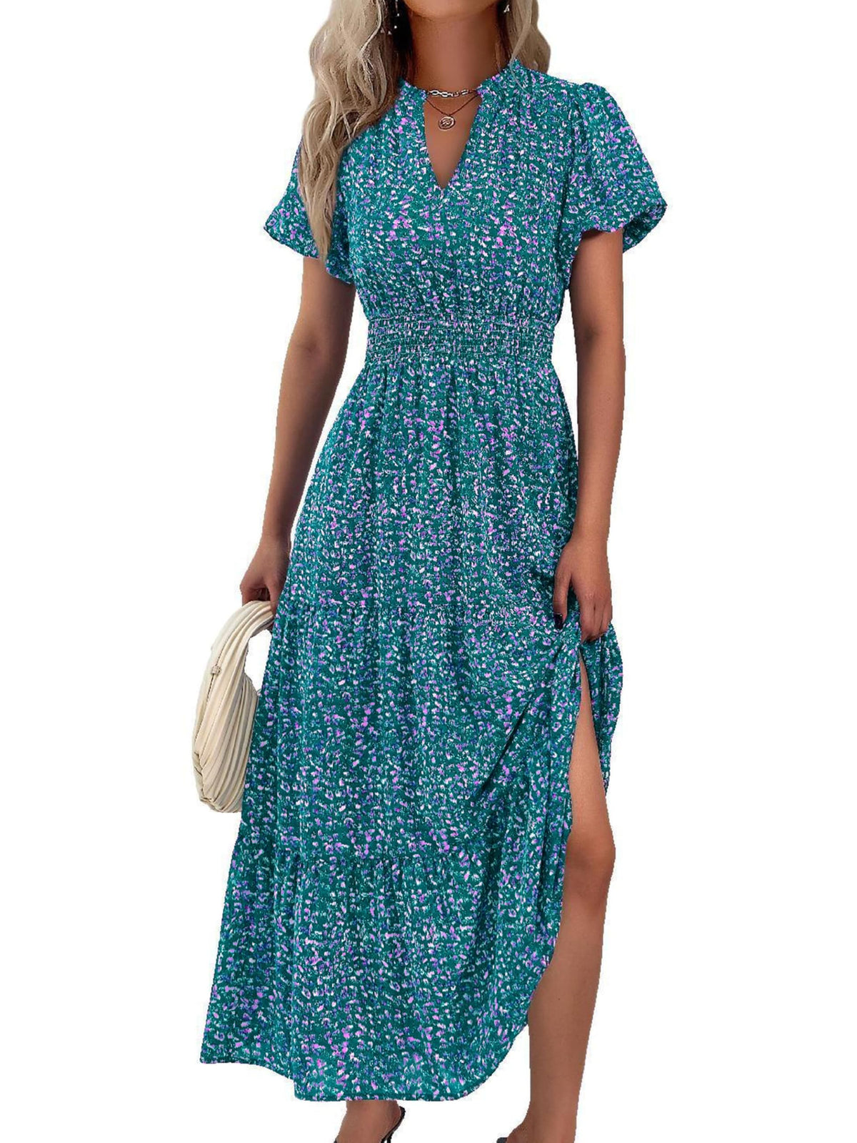 MASCOMODA Summer Maxi Dresses for Women 2026 Short Sleeve Long Floral Dress