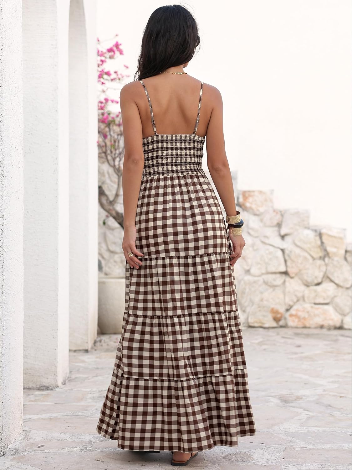 Caracilia Womens Summer Gingham Striped Flowy Spaghetti Strap Maxi Dress