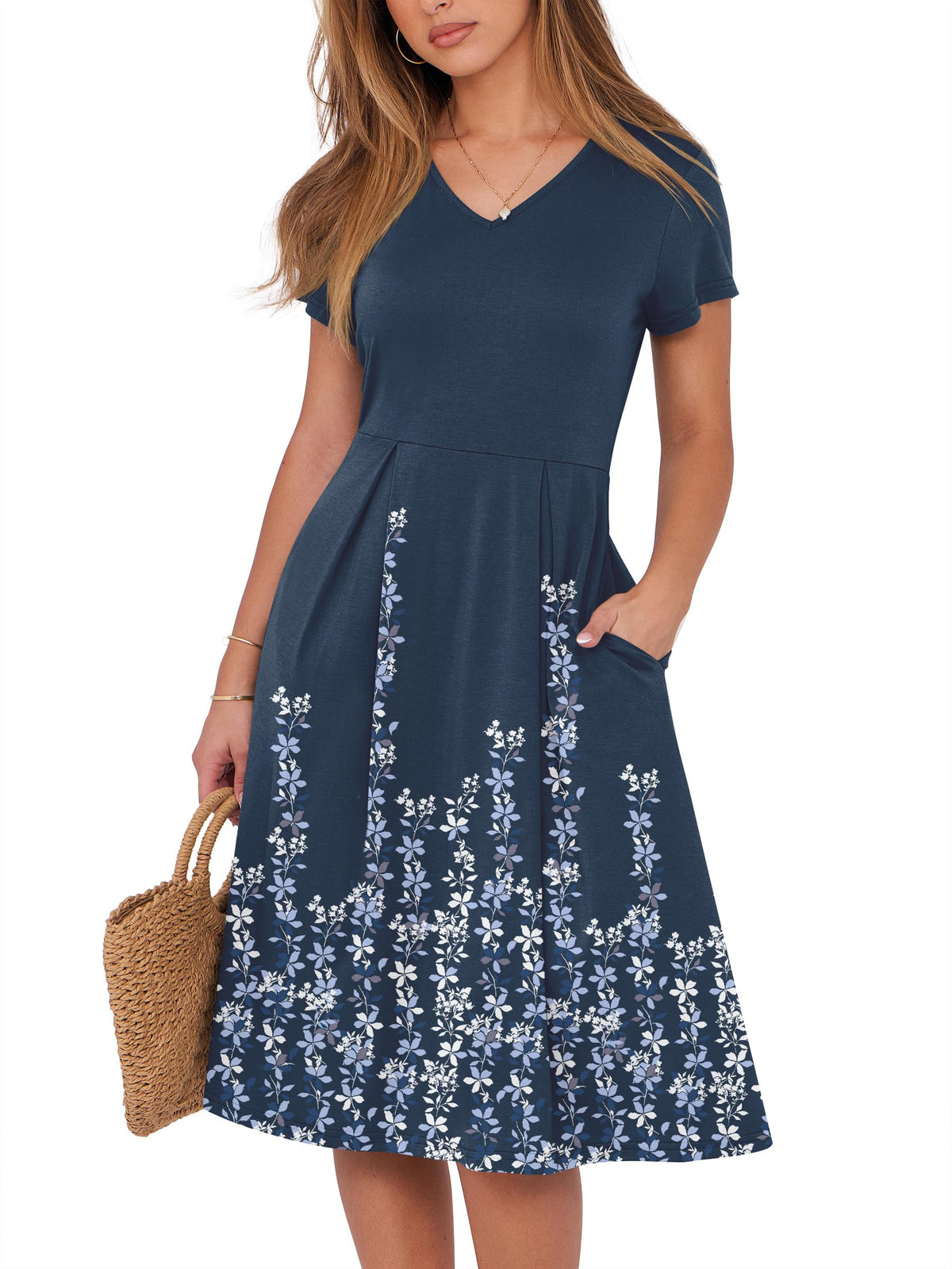 ANRABESS Women Summer Dress Casual Short Sleeve V Neck A-Line Knee Length Pleated Flowy 2026 Fashion Midi Dresses with Pocket
