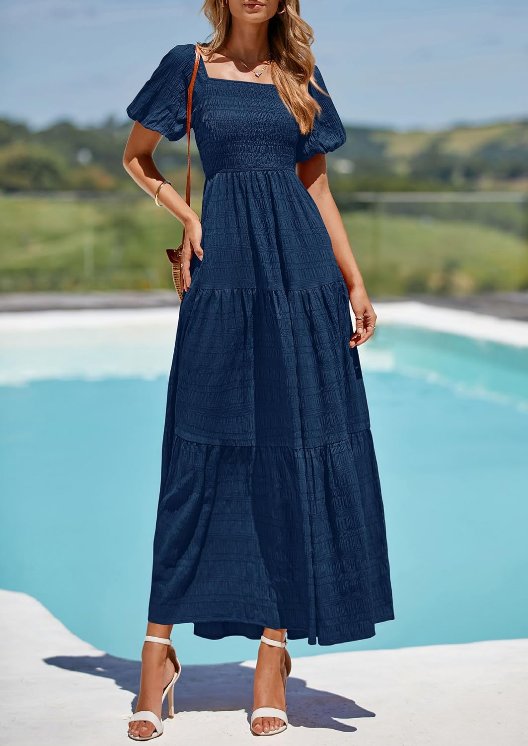 PRETTYGARDEN Womens Puff Short Sleeve Maxi Dress