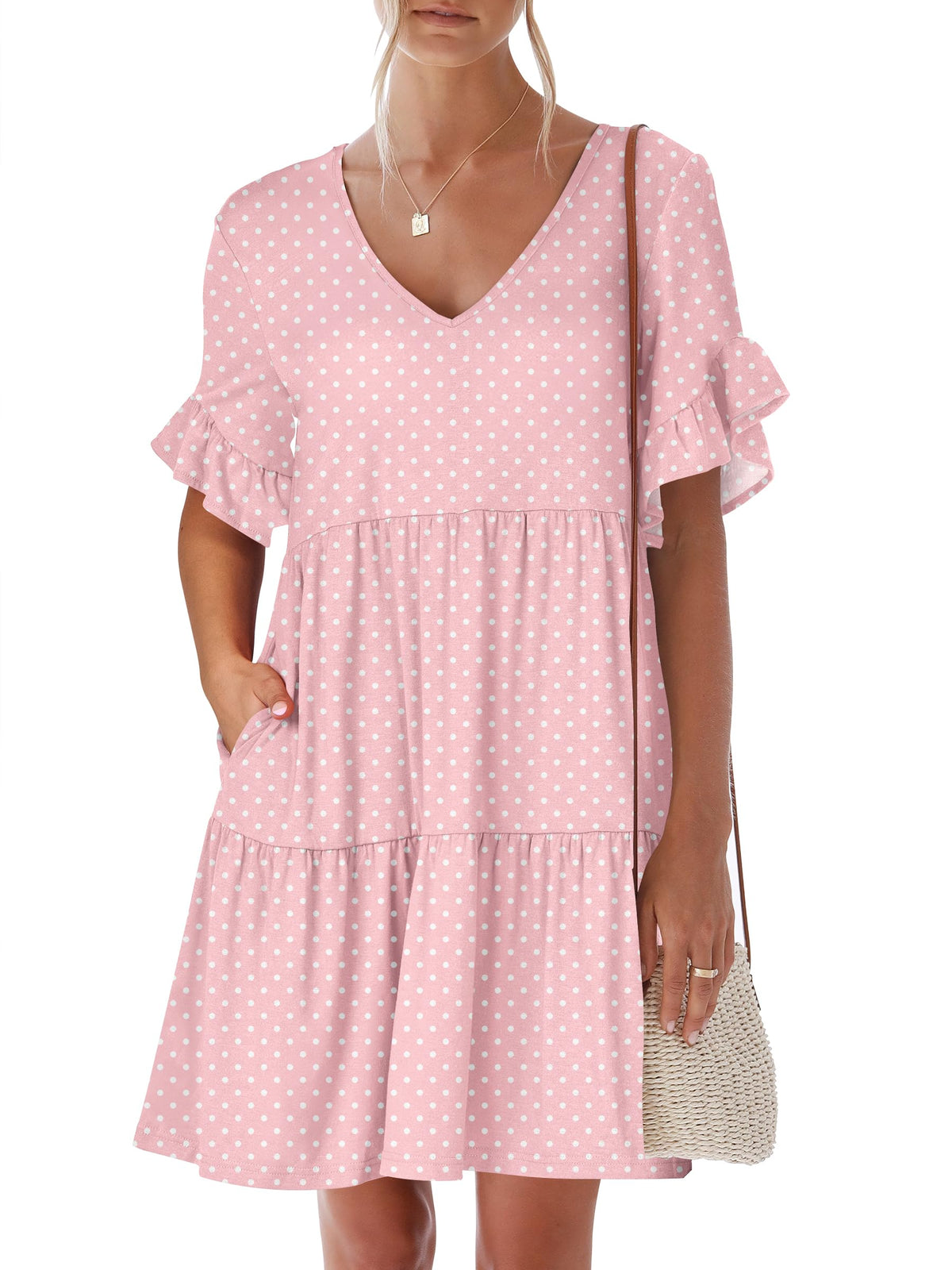 ANRABESS Dresses for Women Summer 2026 V Neck Ruffle Sleeve A Line Tiered Flowy Casual Trendy Mini Beach Dress with Pockets