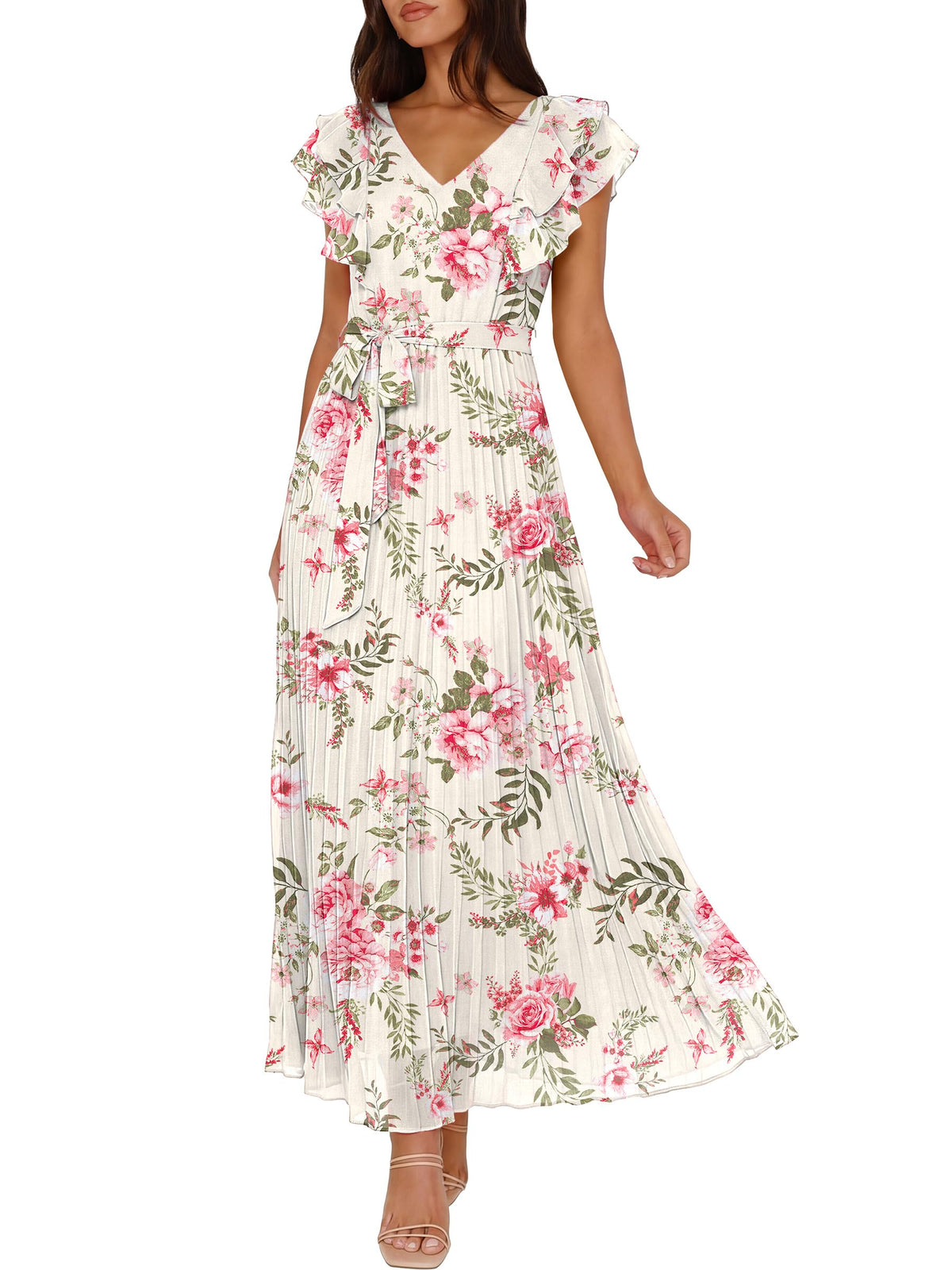 ANRABESS Women V Neck Ruffle Sleeve Floral Pleated Maxi Dresses Summer Boho Belt Empire Waist Wedding Guest Party Flowy Dress