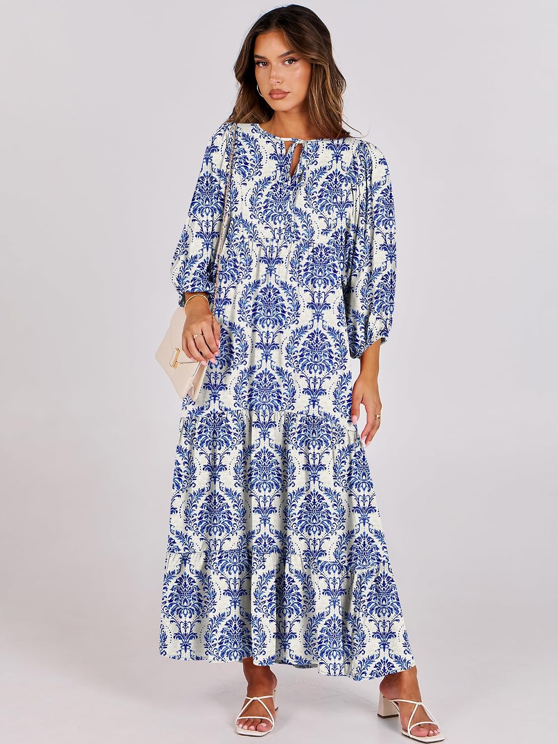 ANRABESS Womens Boho Floral 3/4 Puff Sleeve Maxi Dress