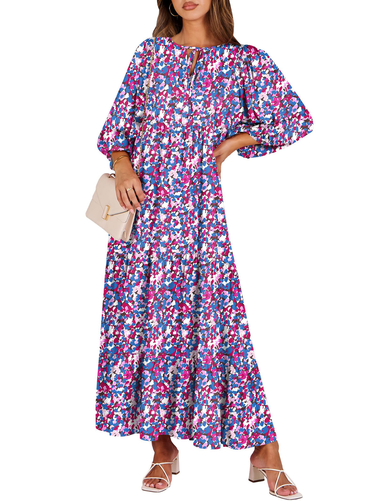 ANRABESS Womens Boho Floral 3/4 Puff Sleeve Maxi Dress